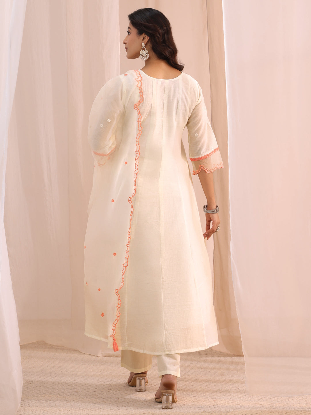  White Floral Embroidered Silk Blend A-Line Suit Set 