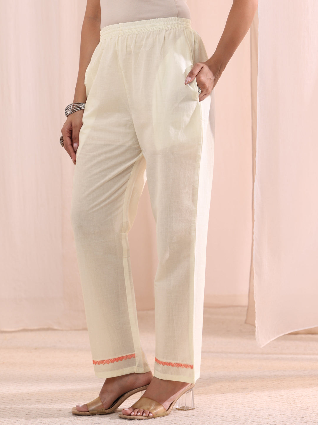  White Floral Embroidered Silk Blend A-Line Suit Set 