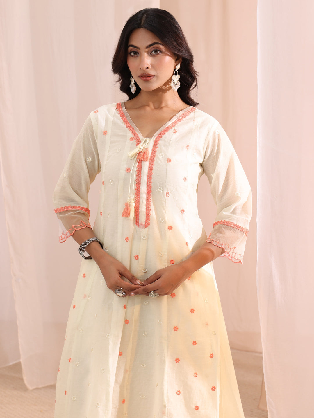  White Floral Embroidered Silk Blend A-Line Suit Set 