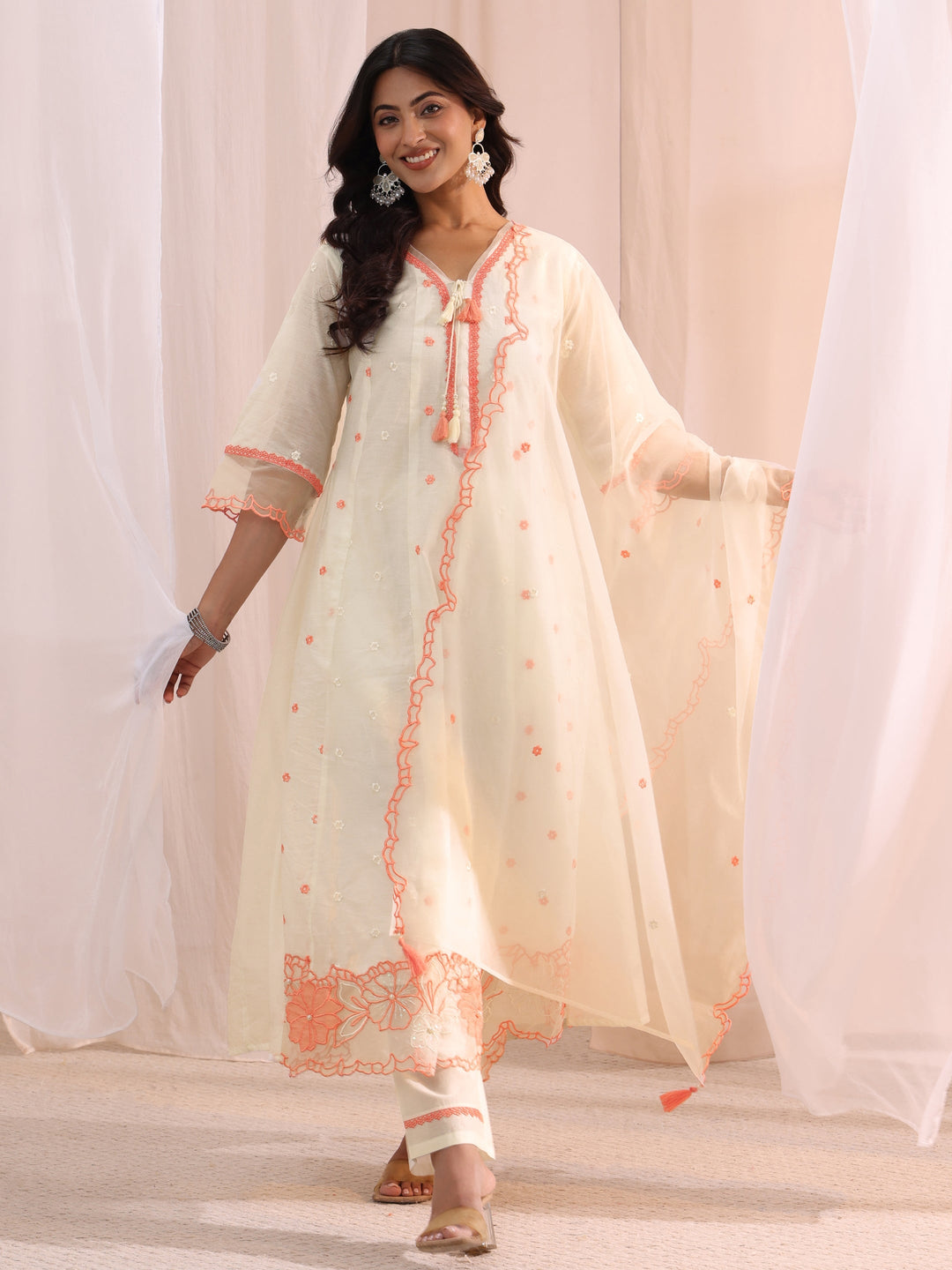  White Floral Embroidered Silk Blend A-Line Suit Set 
