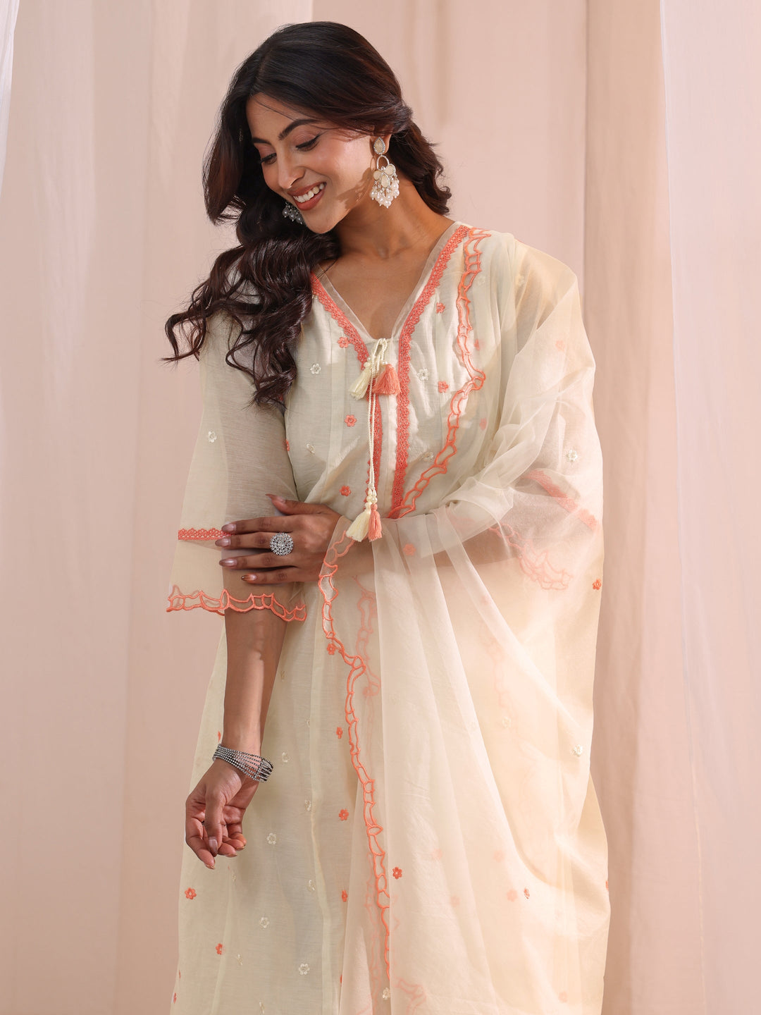  White Floral Embroidered Silk Blend A-Line Suit Set 