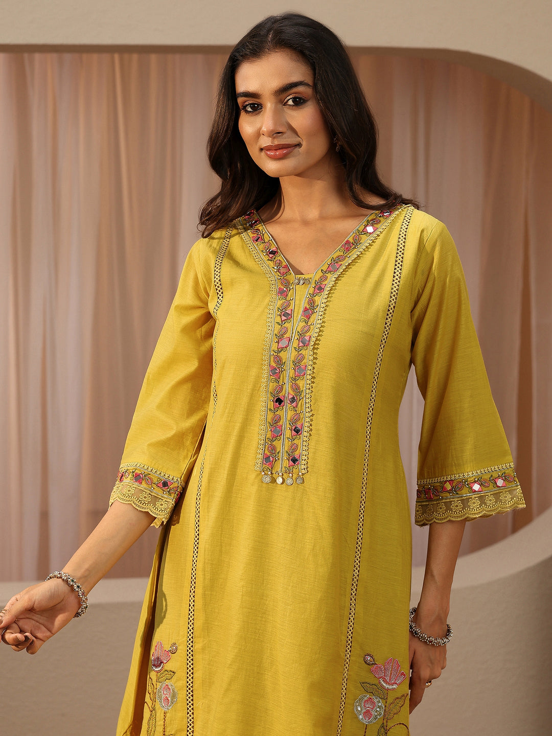  Mustard Floral Embroidered Silk Blend A-Line Suit Set 