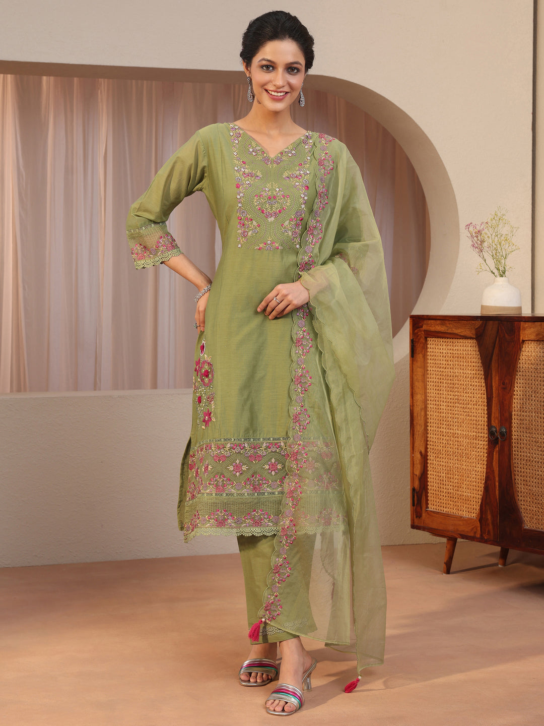  Green Floral Embroidered Silk blend A-Line Suit Set 