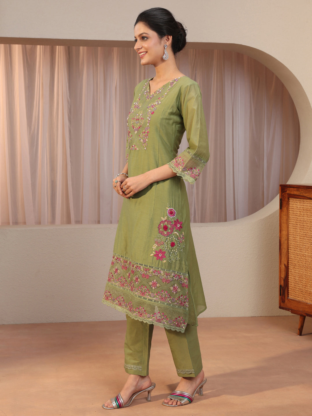  Green Floral Embroidered Silk blend A-Line Suit Set 