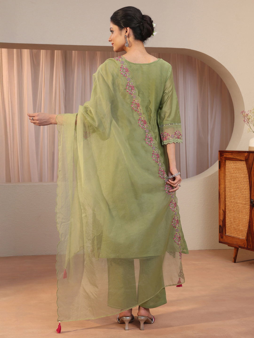  Green Floral Embroidered Silk blend A-Line Suit Set 
