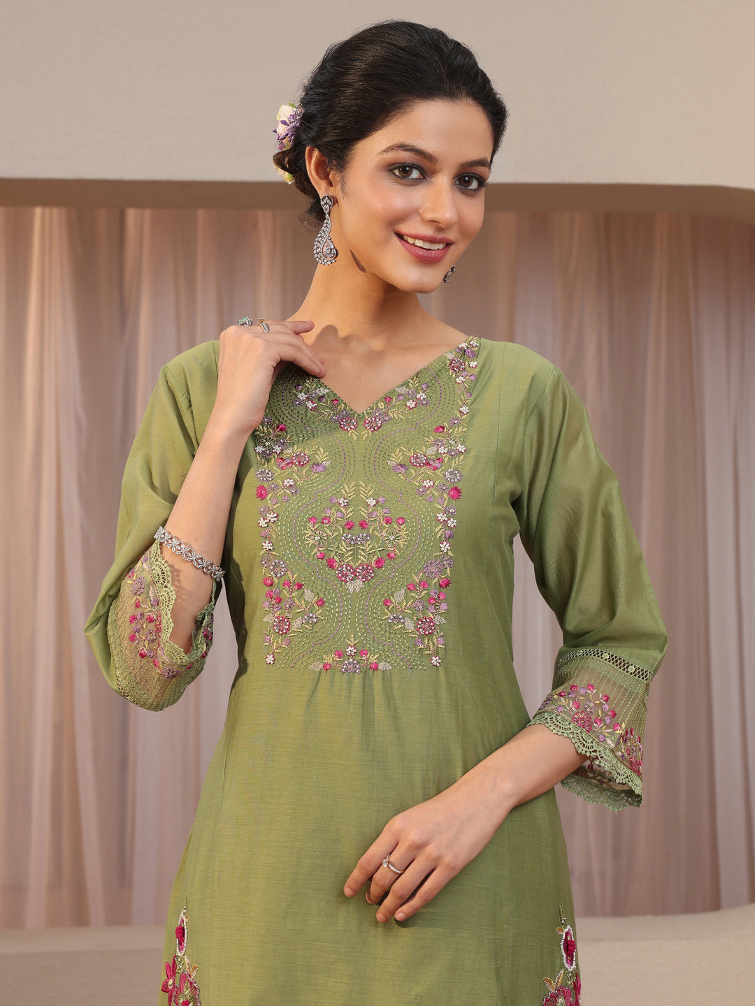  Green Floral Embroidered Silk blend A-Line Suit Set 