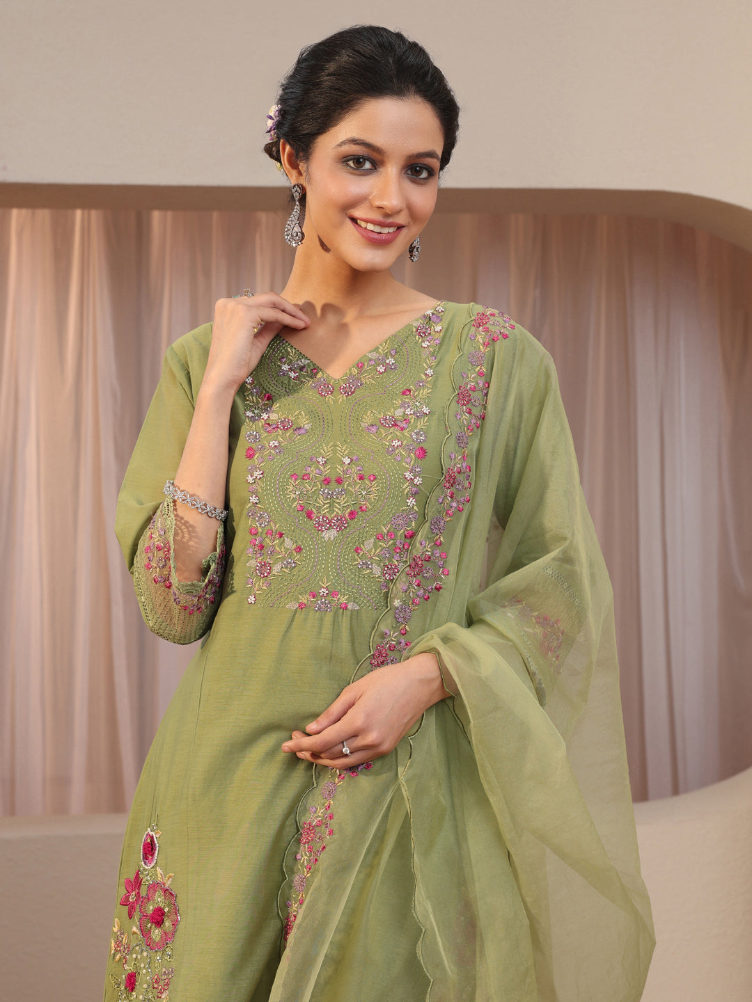  Green Floral Embroidered Silk blend A-Line Suit Set 