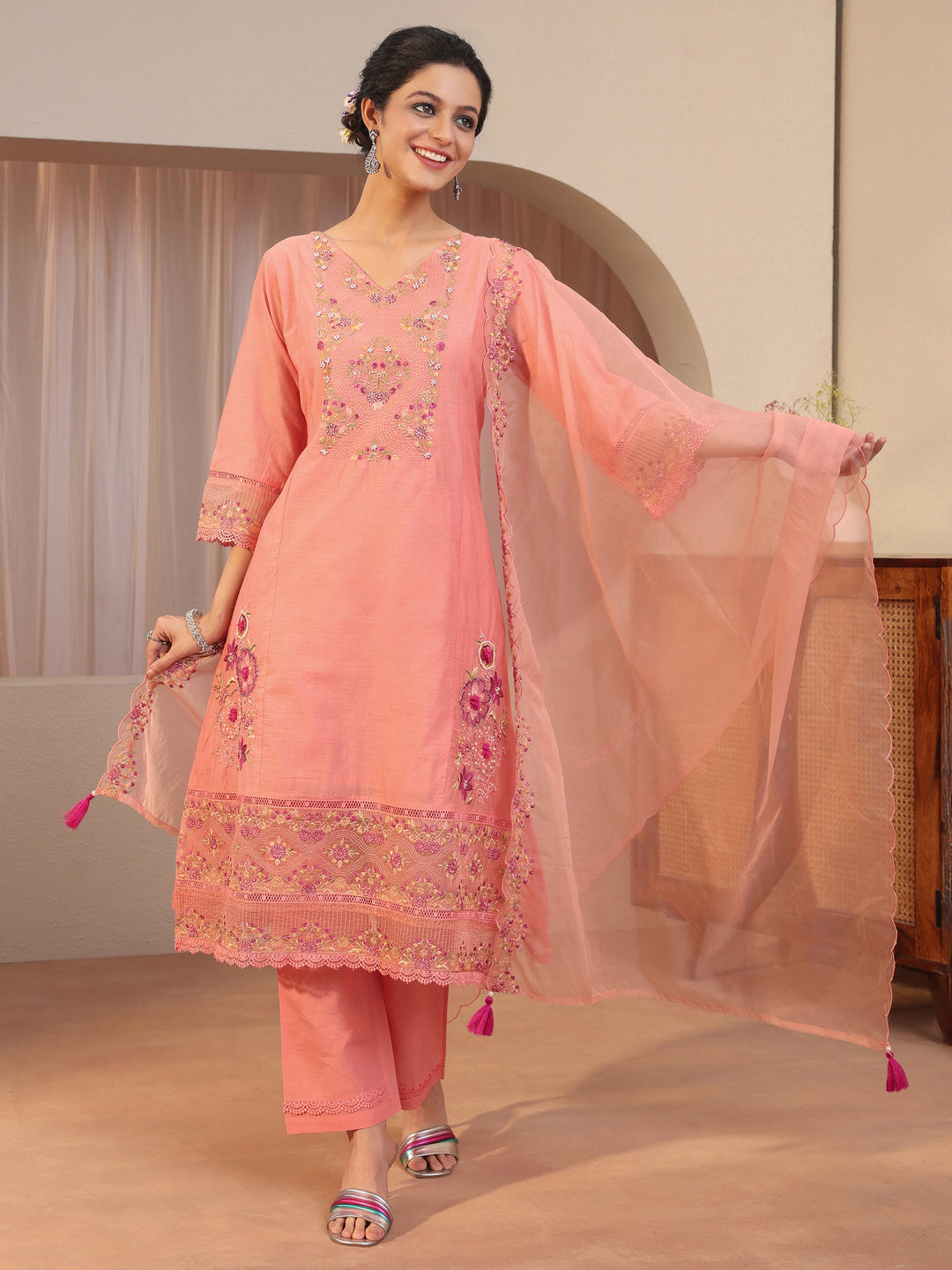  Peach Floral Embroidered Silk blend A-line Suit Set 