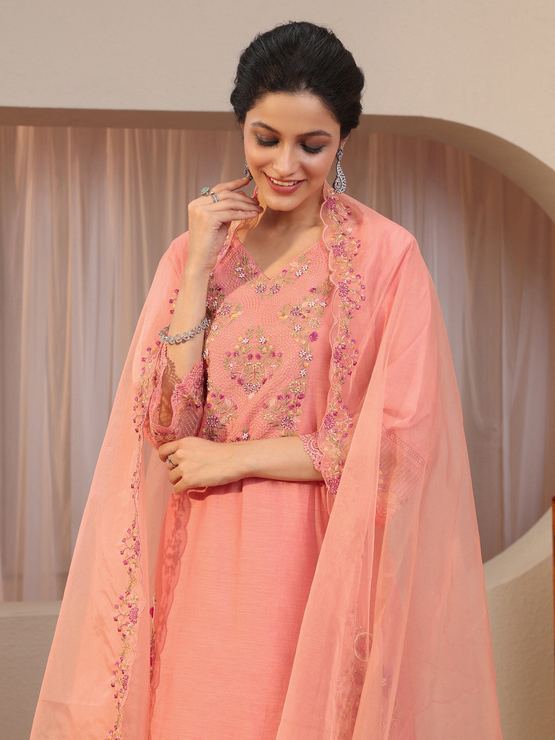  Peach Floral Embroidered Silk blend A-line Suit Set 