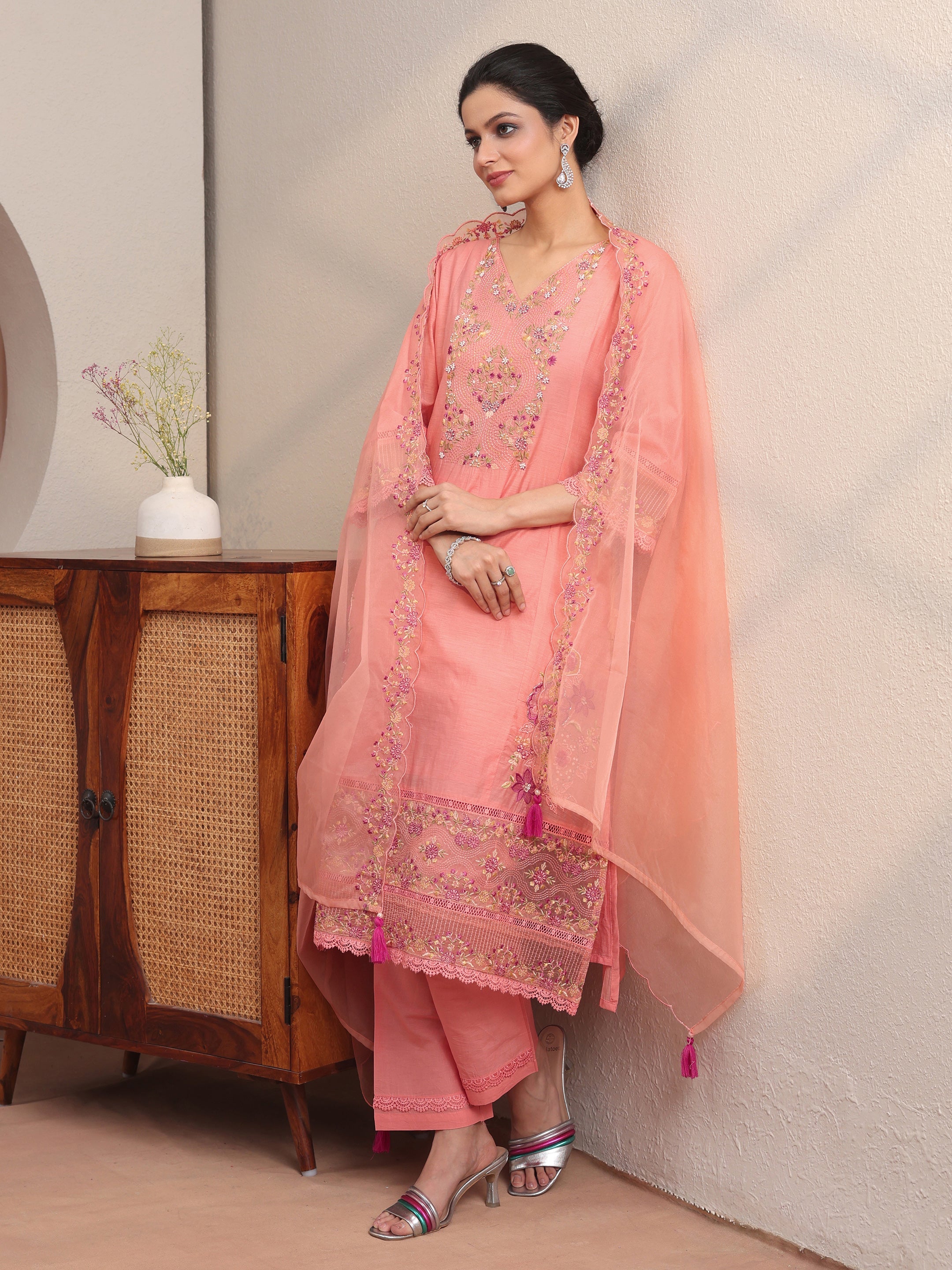 libas Peach Floral Embroidered Silk blend A-line Suit Set-picture-21