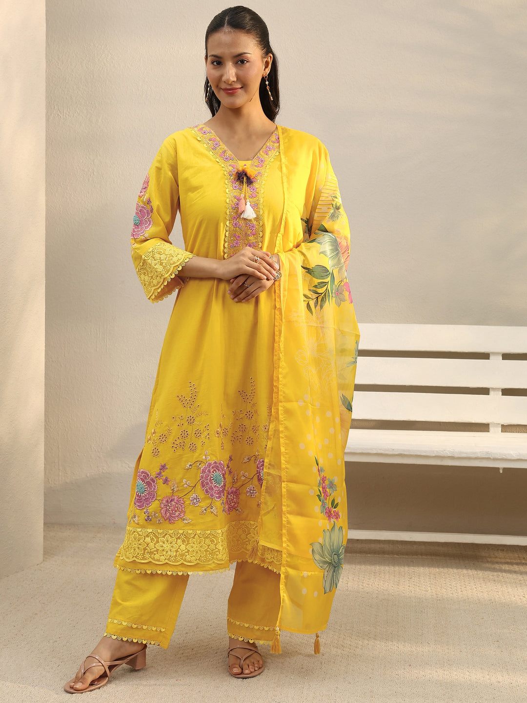  Mustard Floral Embroidered Cotton Blend A-Line Suit Set 