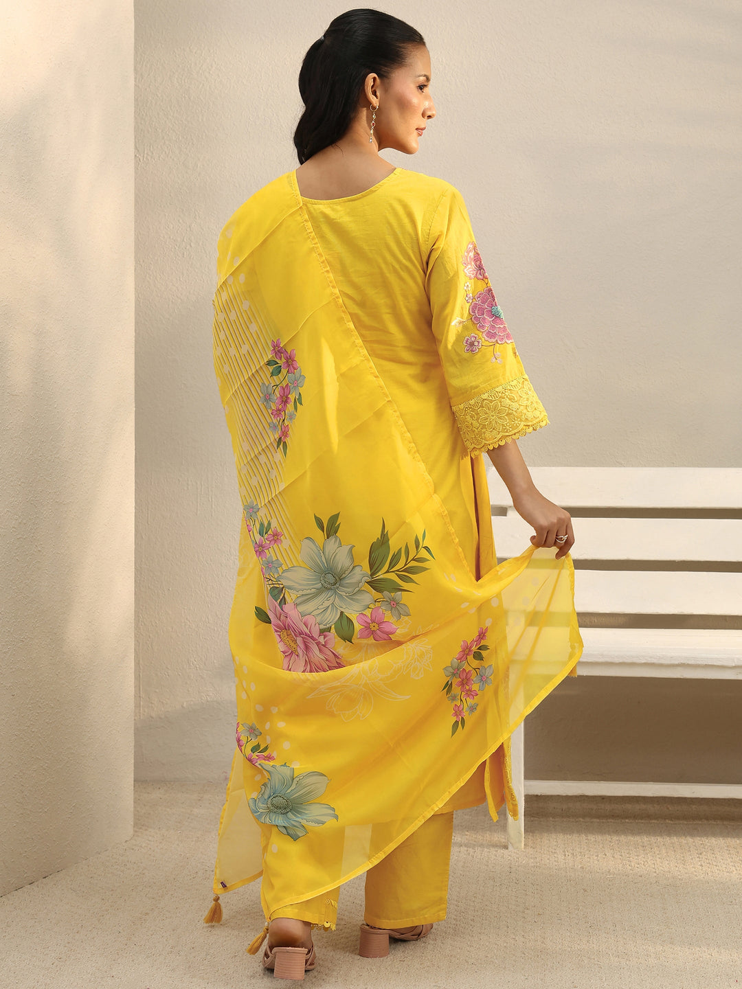  Mustard Floral Embroidered Cotton Blend A-Line Suit Set 