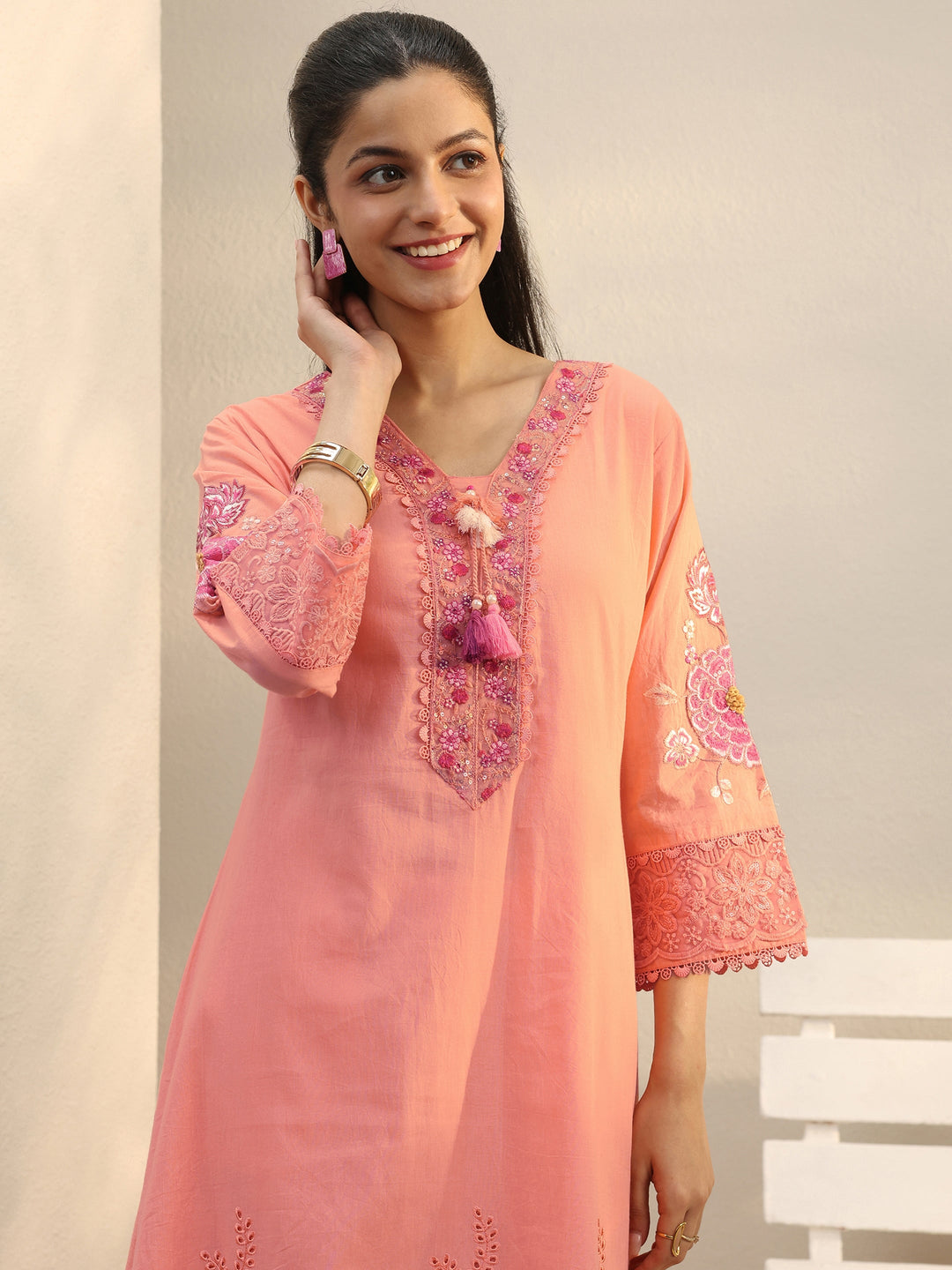  Peach Floral Embroidered Cotton Blend A-Line Suit Set 