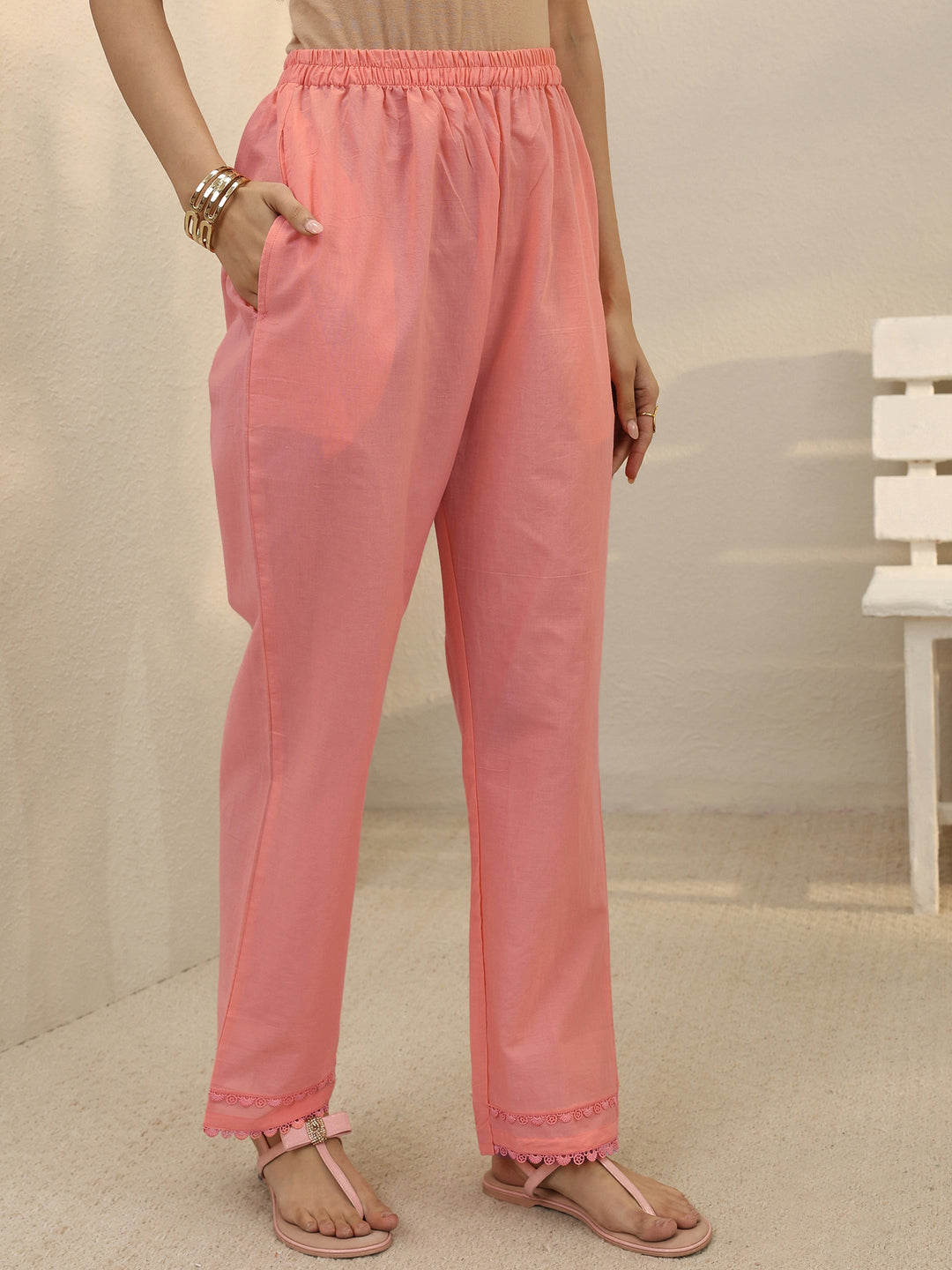  Peach Floral Embroidered Cotton Blend A-Line Suit Set 