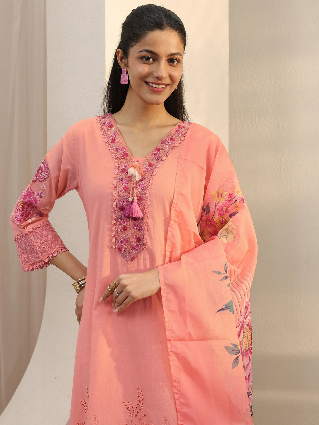  Peach Floral Embroidered Cotton Blend A-Line Suit Set 