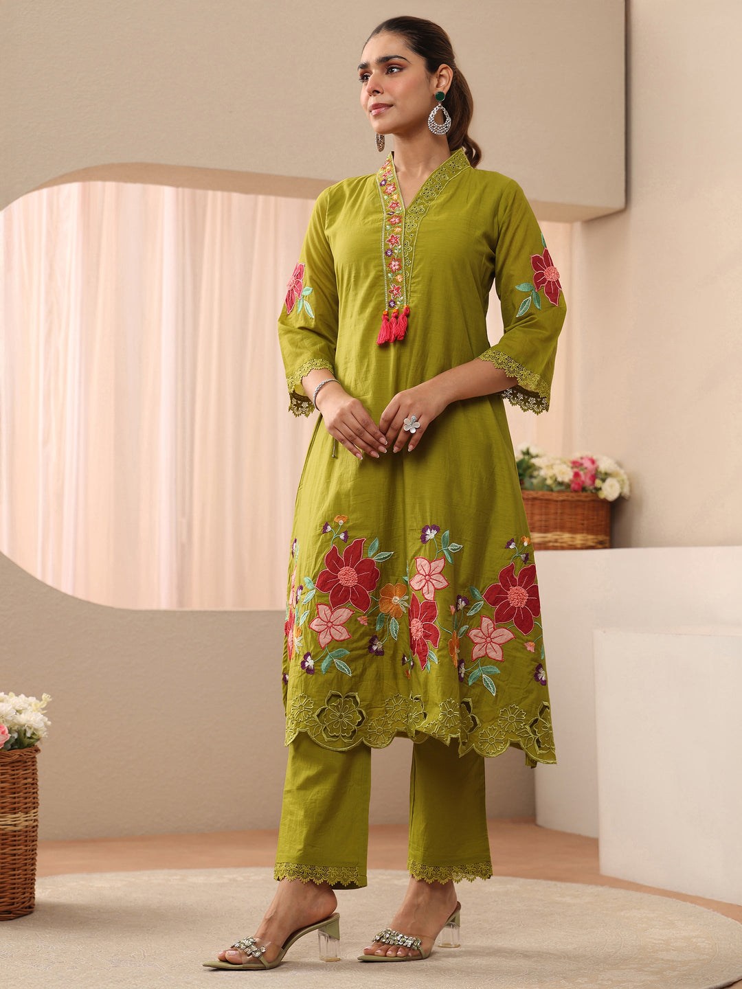  Green Floral Embroidered Silk Blend A-Line Suit Set 