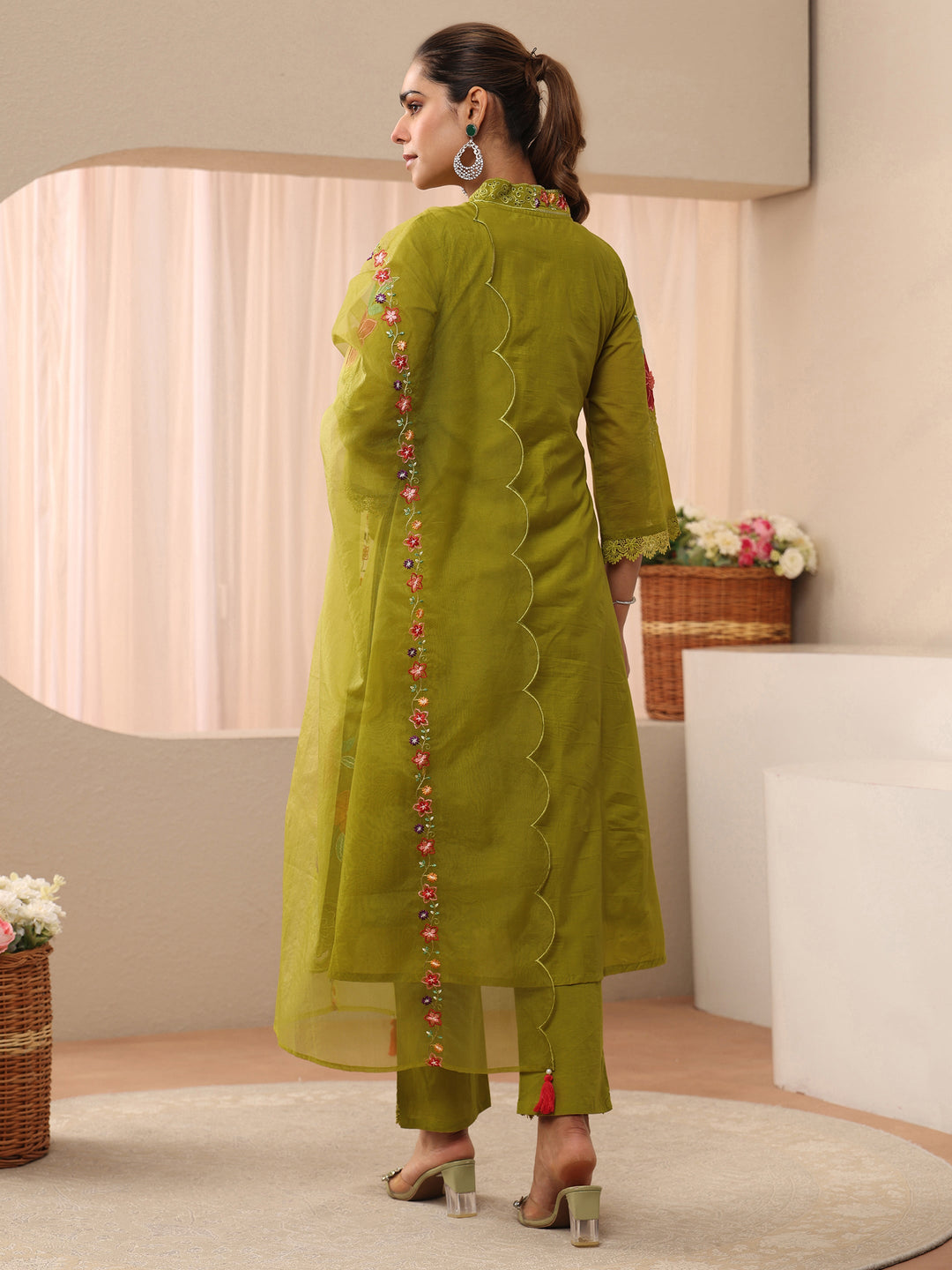  Green Floral Embroidered Silk Blend A-Line Suit Set 