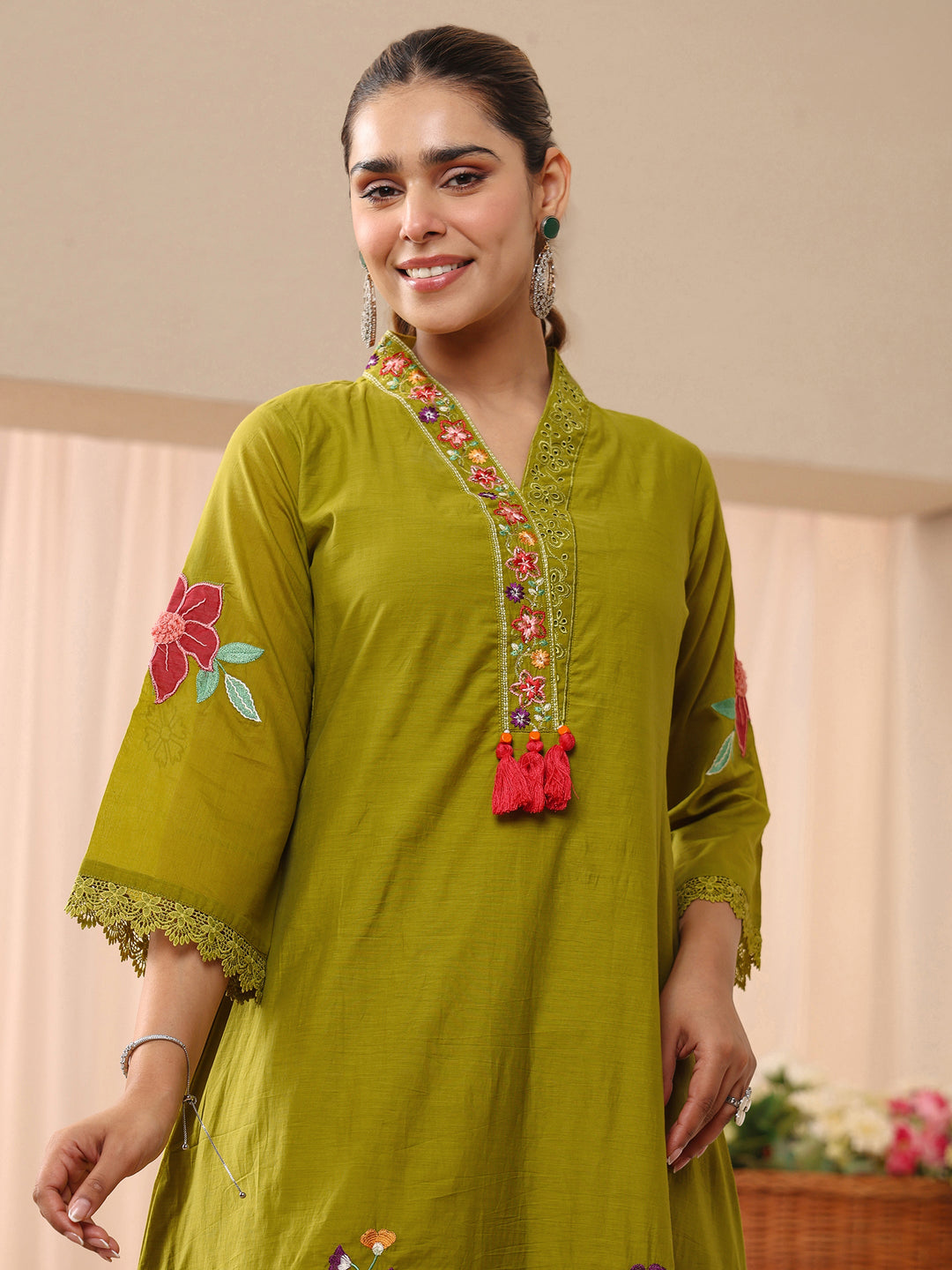  Green Floral Embroidered Silk Blend A-Line Suit Set 