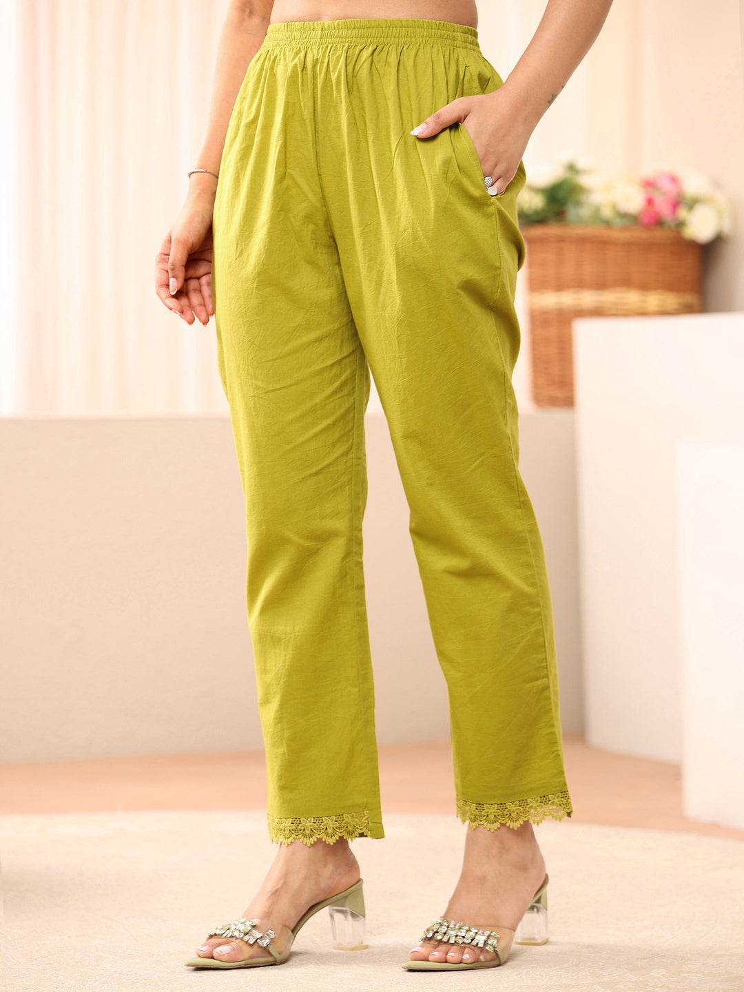  Green Floral Embroidered Silk Blend A-Line Suit Set 