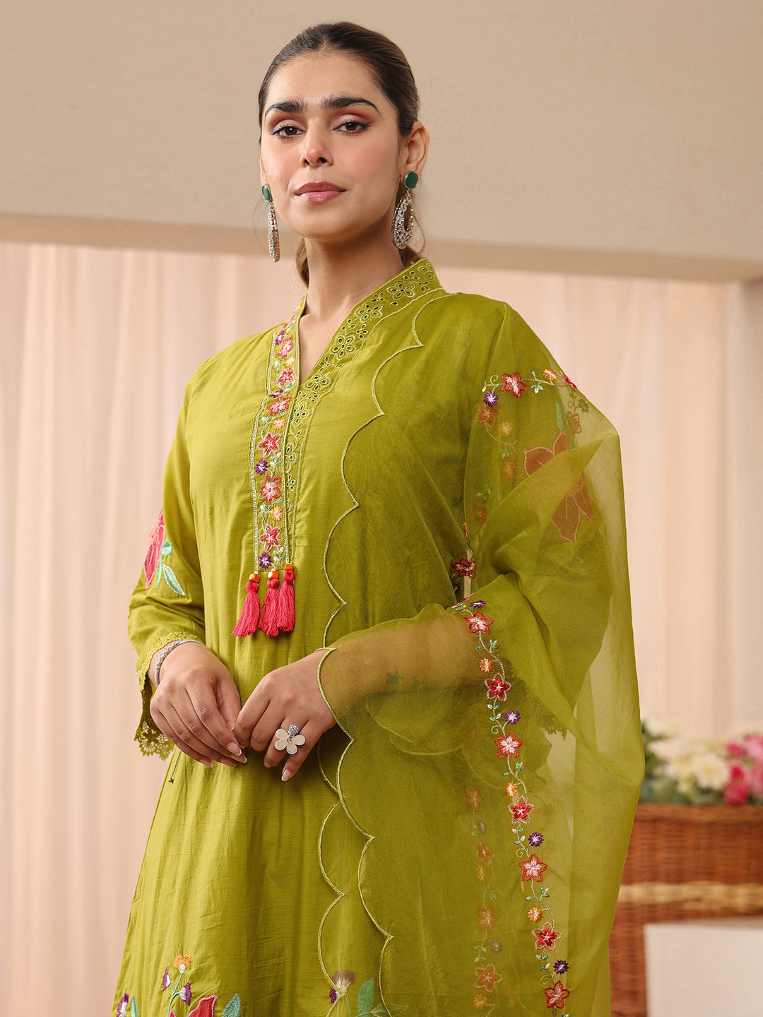  Green Floral Embroidered Silk Blend A-Line Suit Set 