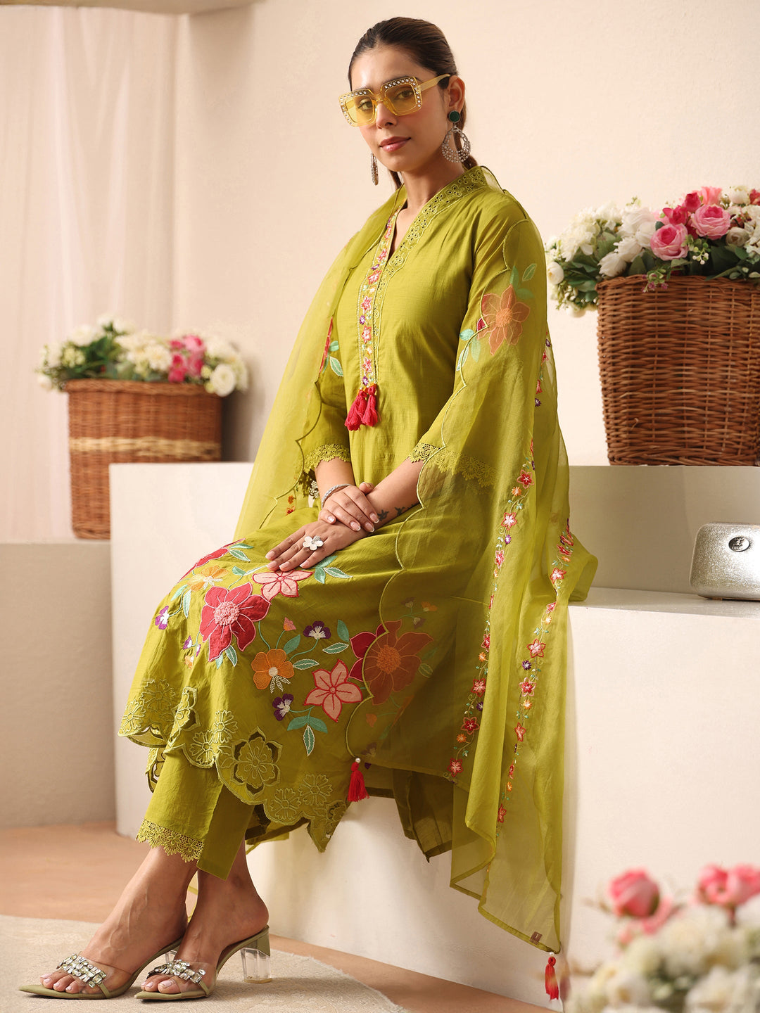  Green Floral Embroidered Silk Blend A-Line Suit Set 