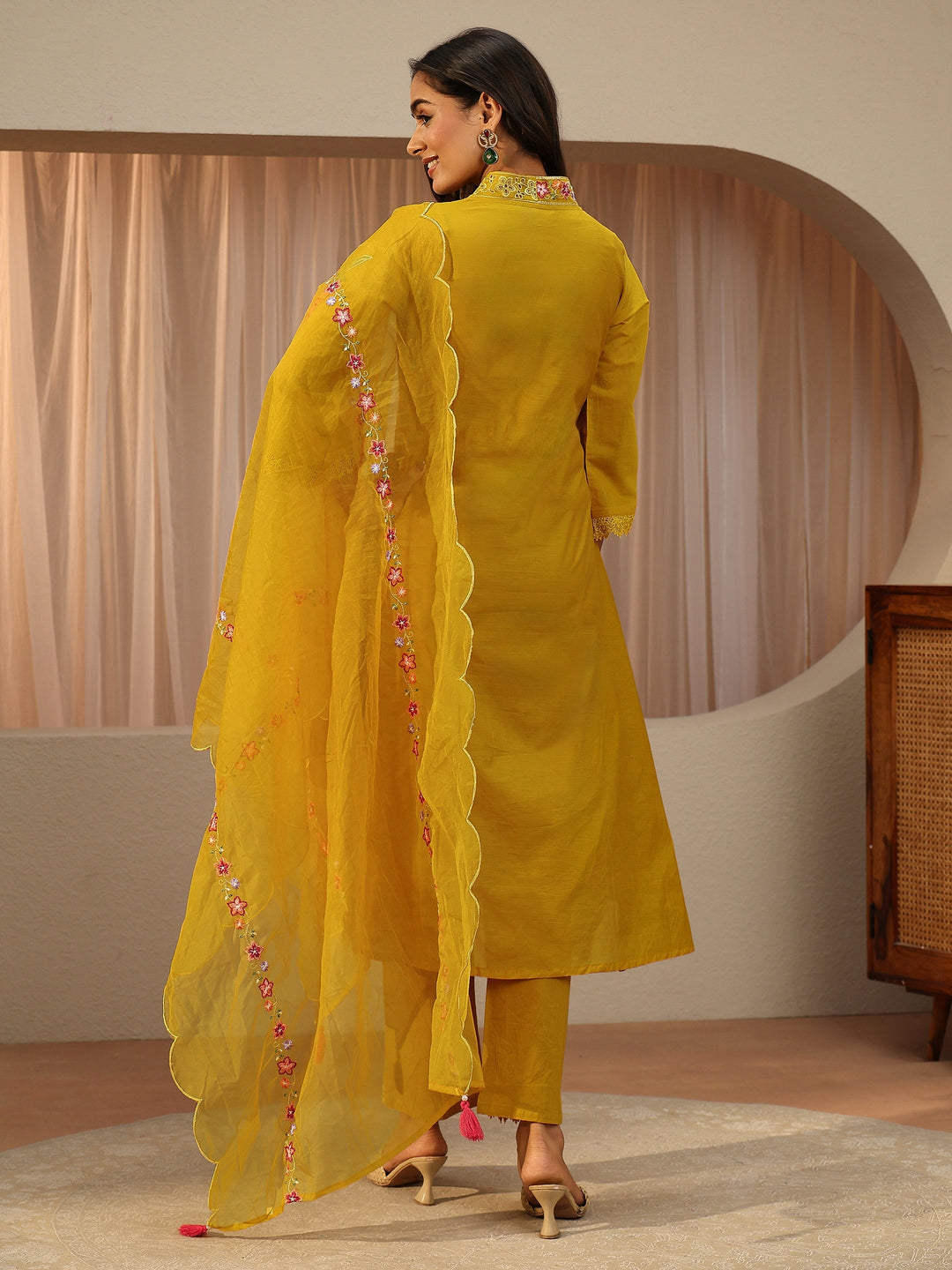  Mustard Floral Embroidered Silk blend A-Line Suit Set 