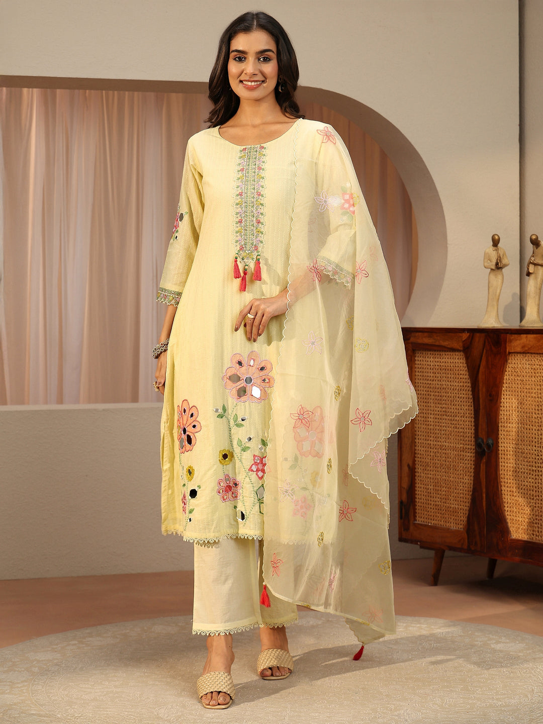  Off White Floral Embroidered Cotton A-Line Suit Set 