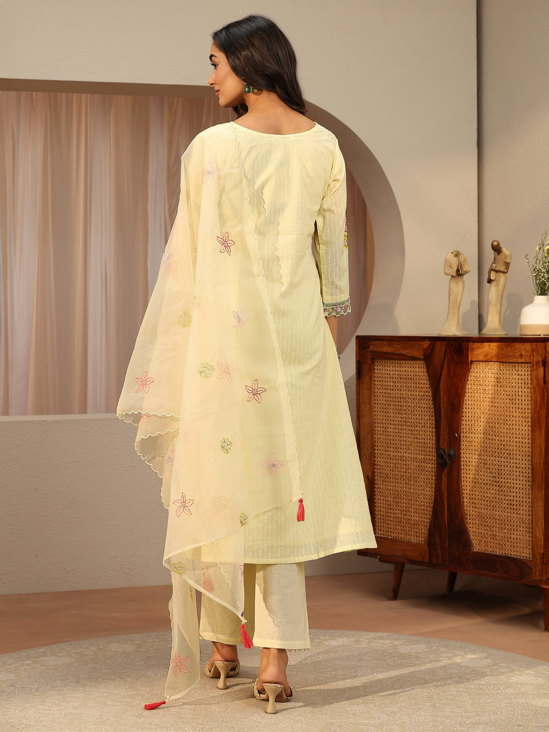  Off White Floral Embroidered Cotton A-Line Suit Set 
