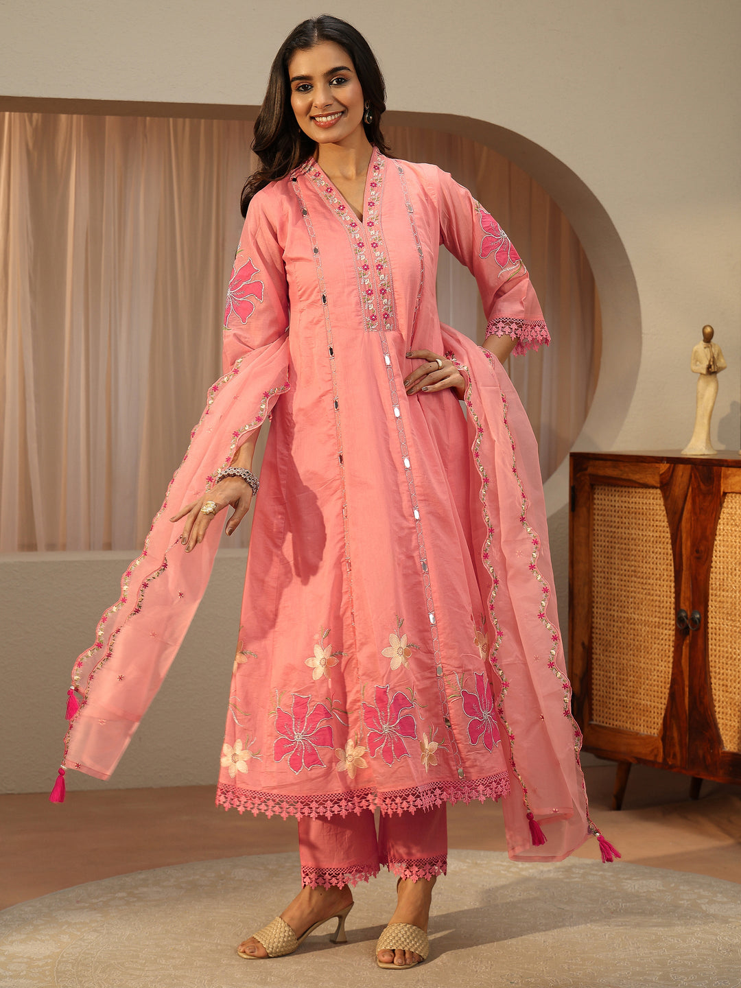  Pink Floral Embroidered Silk Blend A-Line Suit Set With Dupatta 
