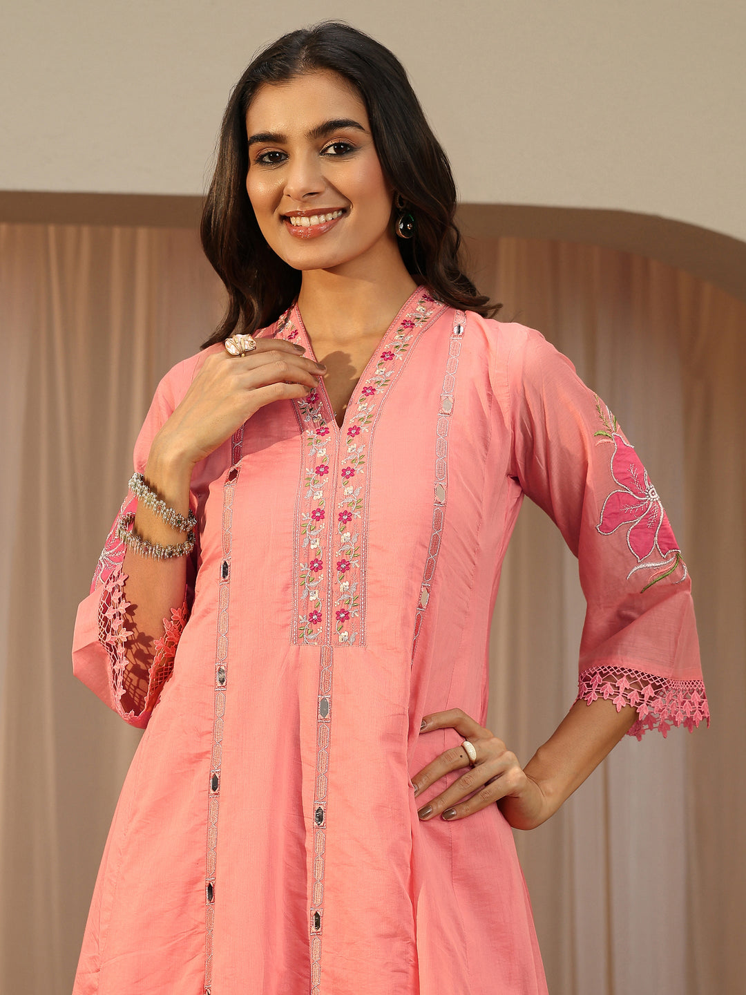 Pink Floral Embroidered Silk Blend A-Line Suit Set With Dupatta 