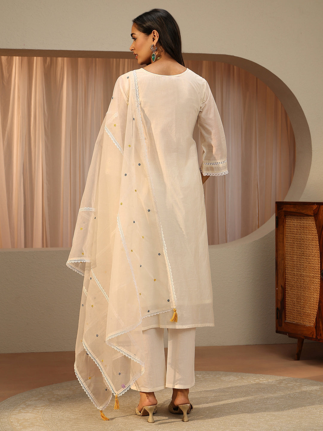  White Floral Embroidered Silk blend Straight Suit Set 