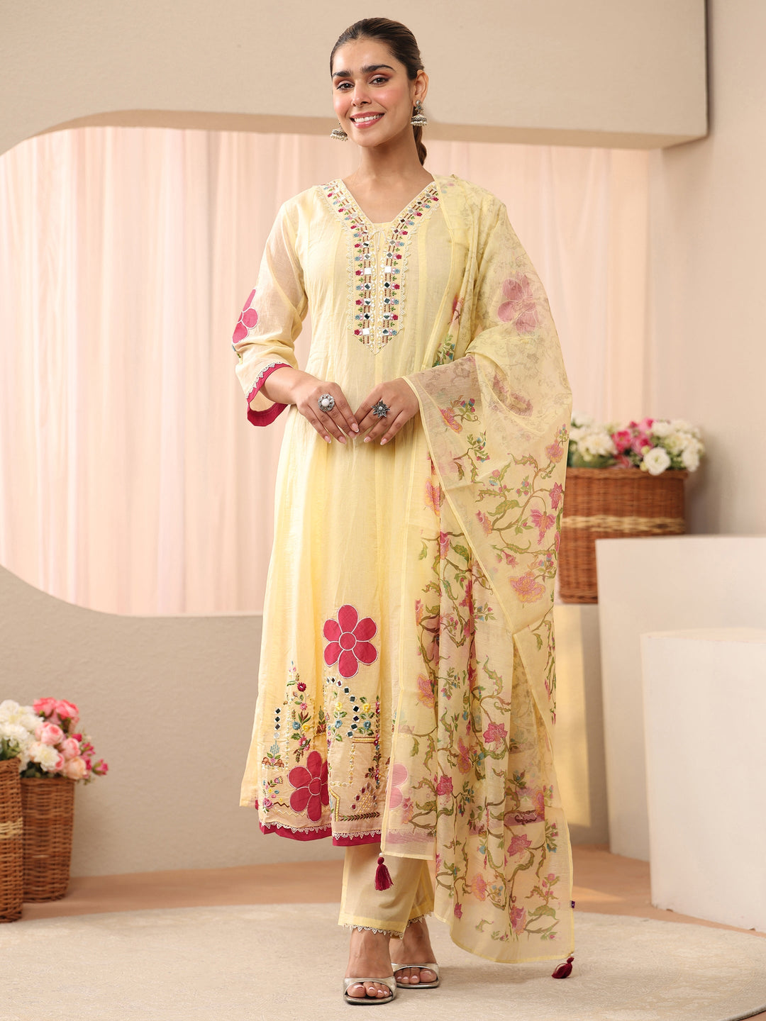  Ivory Floral Embroidered Silk Blend A-Line Suit Set 