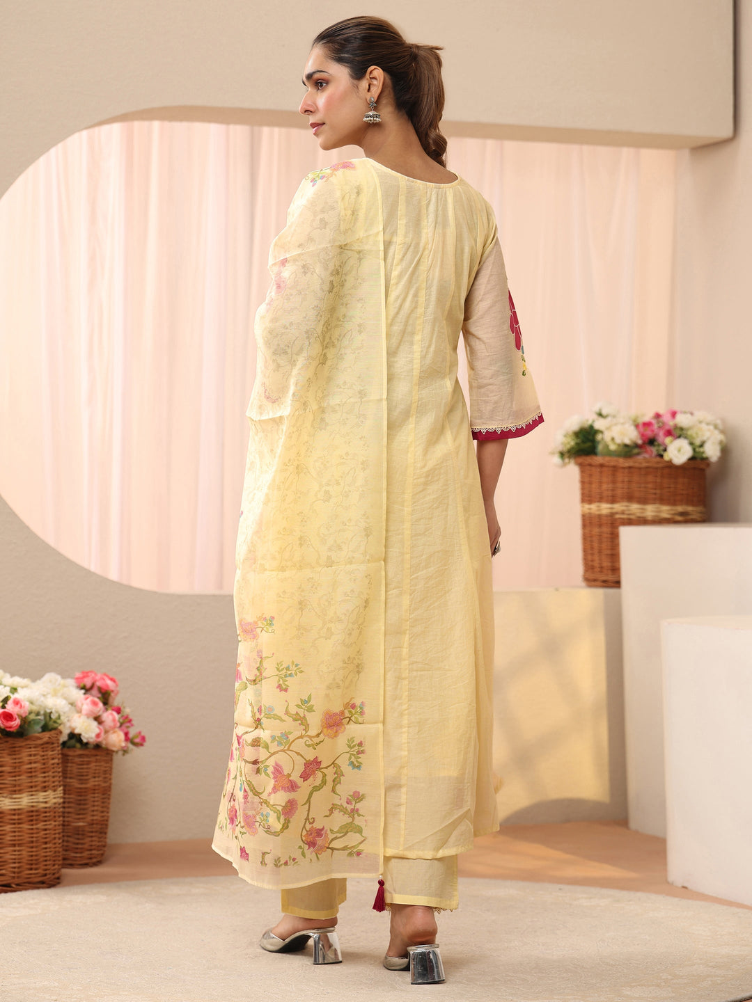  Ivory Floral Embroidered Silk Blend A-Line Suit Set 