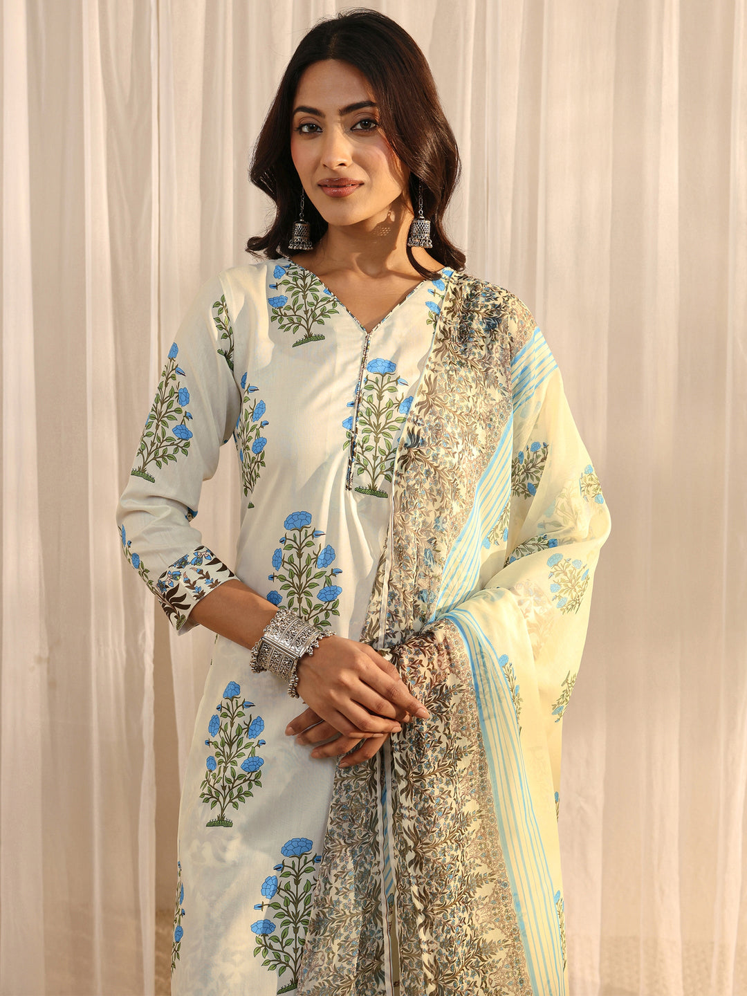  Off White Floral Printed Chanderi Silk Straight Suit Set With Dupatta 