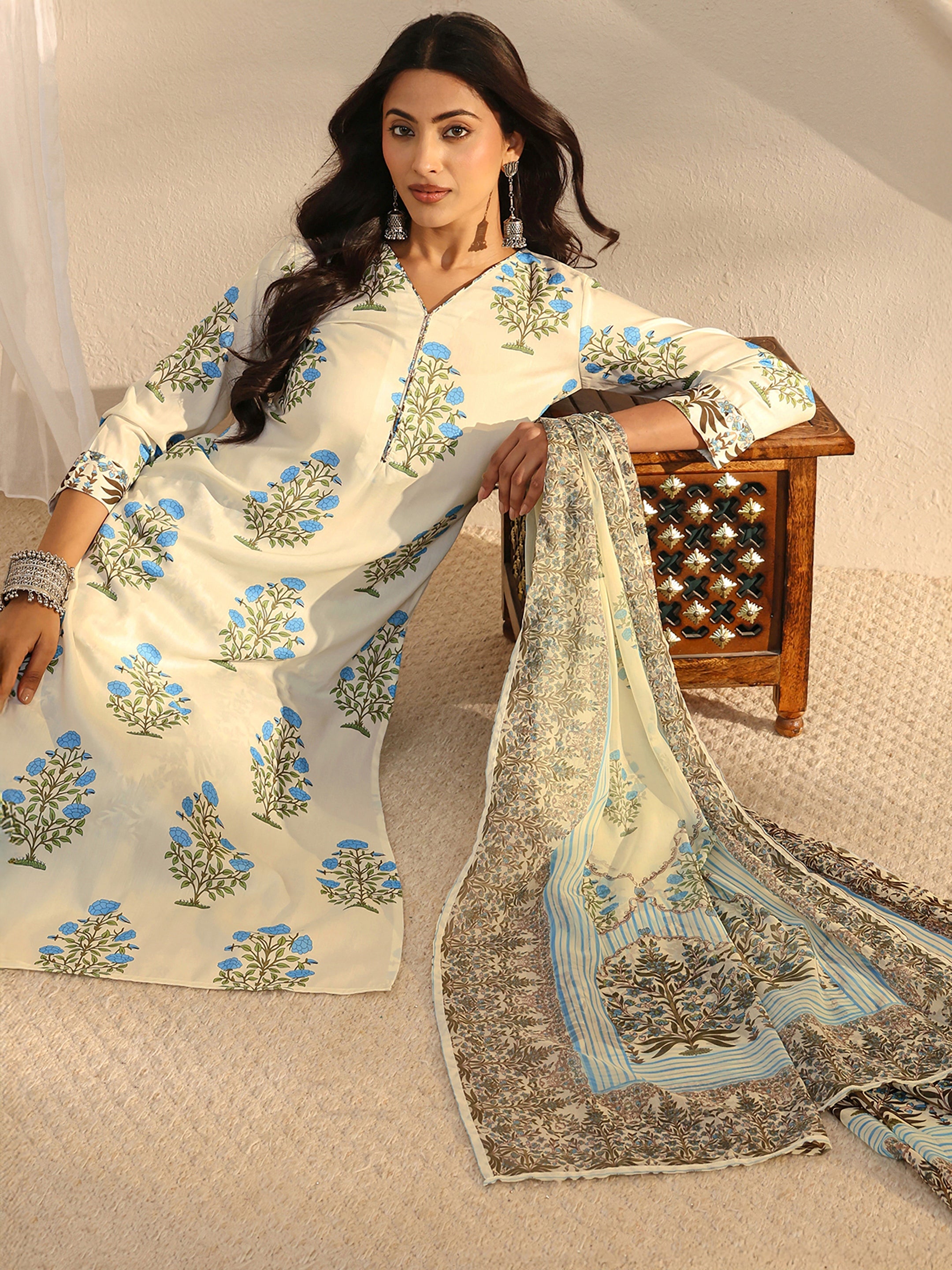 Libas Off White Floral Printed Chanderi Silk Straight Suit Set With Dupatta-picture-36
