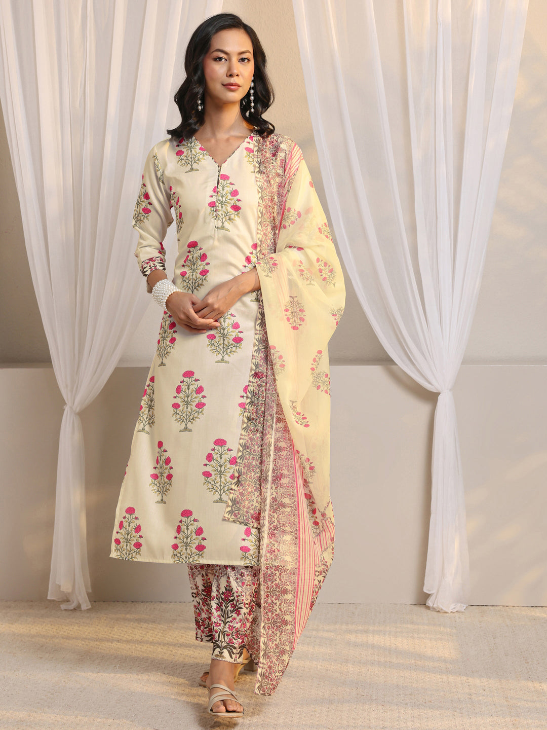 Off White Floral Printed Chanderi Silk Straight Suit Set With Dupatta 
