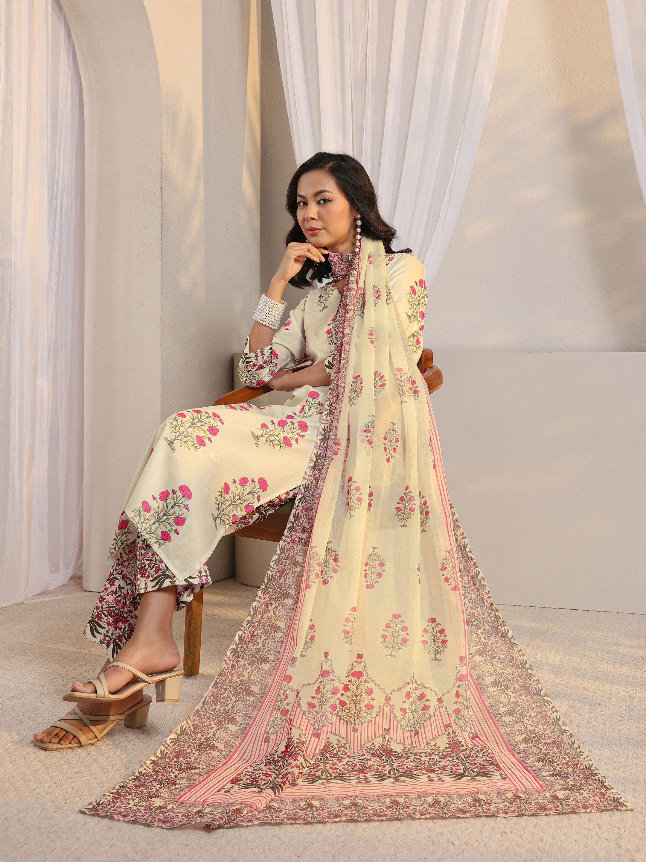 Libas Off White Floral Printed Chanderi Silk Straight Suit Set With Dupatta-picture-37