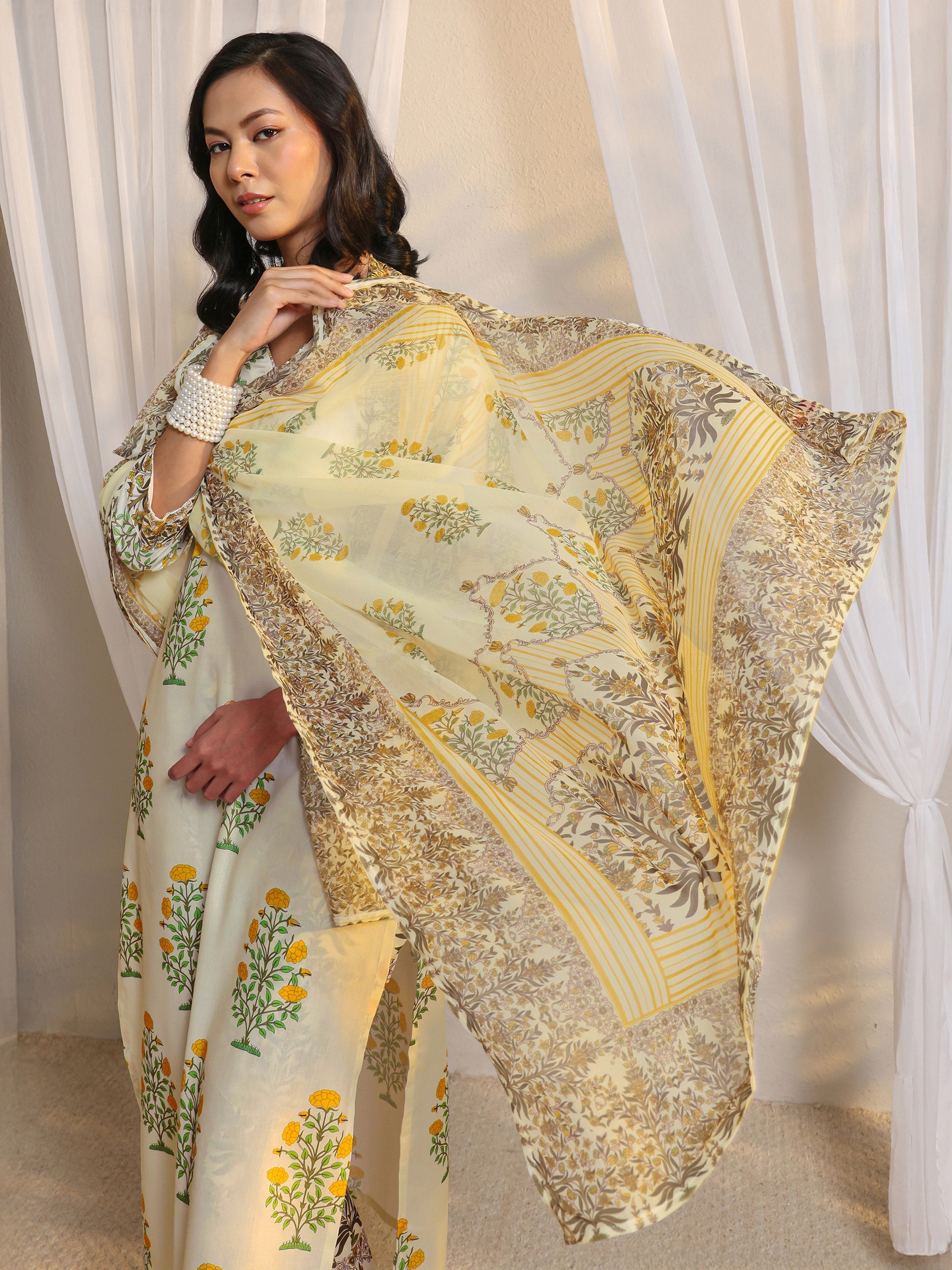 Libas Off White Floral Printed Chanderi Silk Straight Suit Set With Dupatta-picture-34