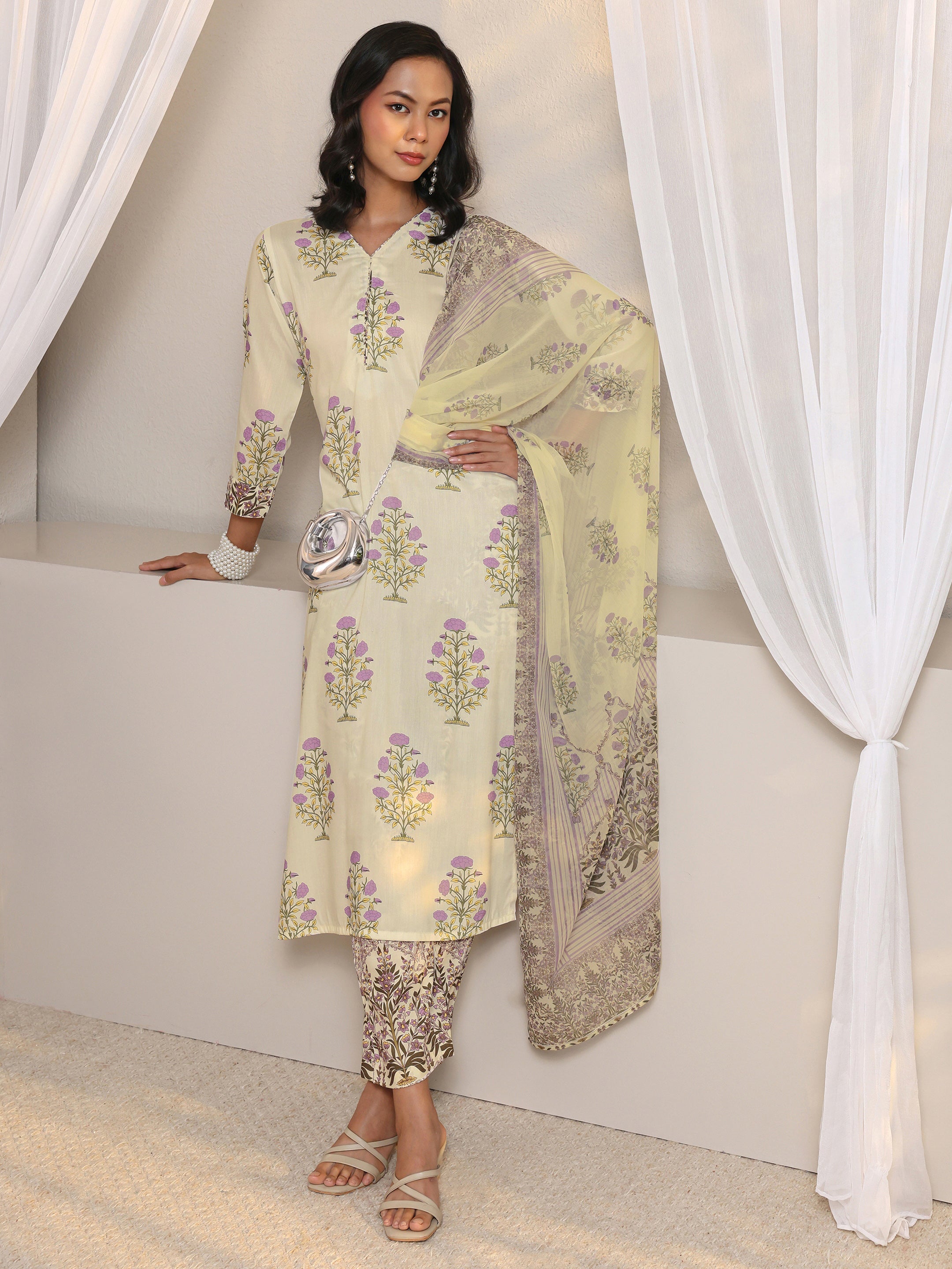 Libas Off White Floral Printed Chanderi Silk Straight Suit Set With Dupatta-picture-39