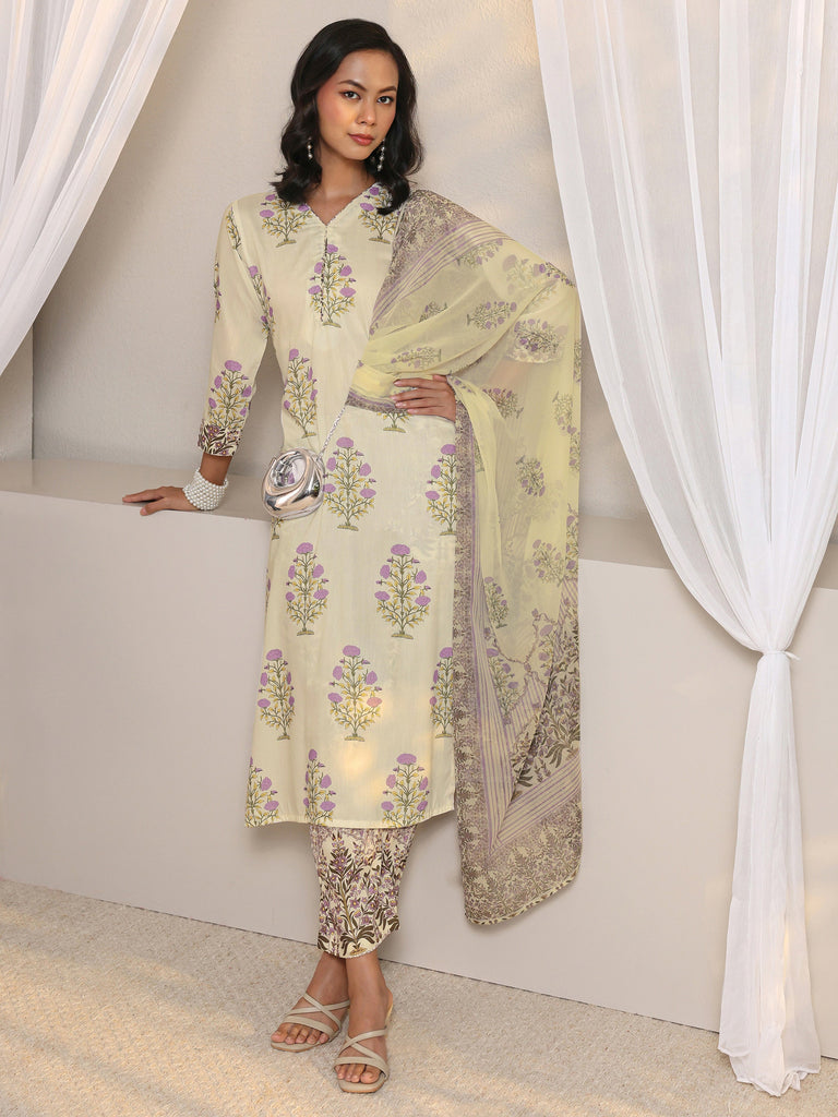 Libas Off White Floral Printed Chanderi Silk Straight Suit Set With Dupatta