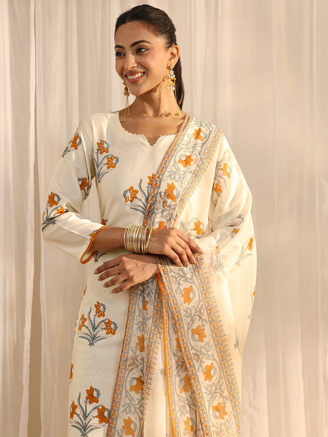 Off White Floral Printed Chanderi Silk Straight Suit Set With Dupatta 