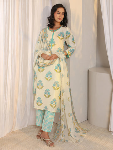 Off White Floral Printed Chanderi Silk Straight Suit Set With Dupatta