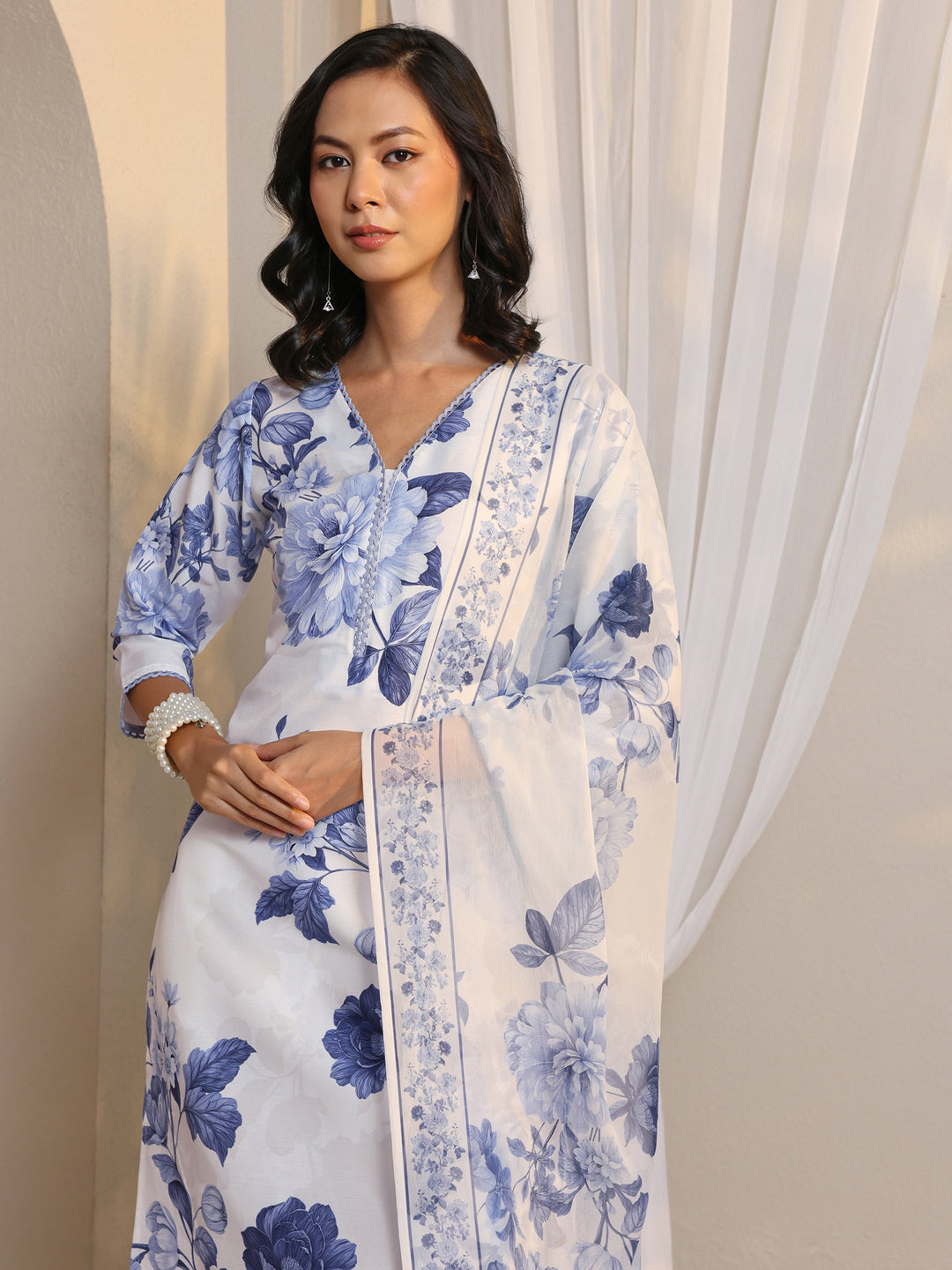  White Floral Printed Chanderi Silk Straight Suit Set With Dupatta 