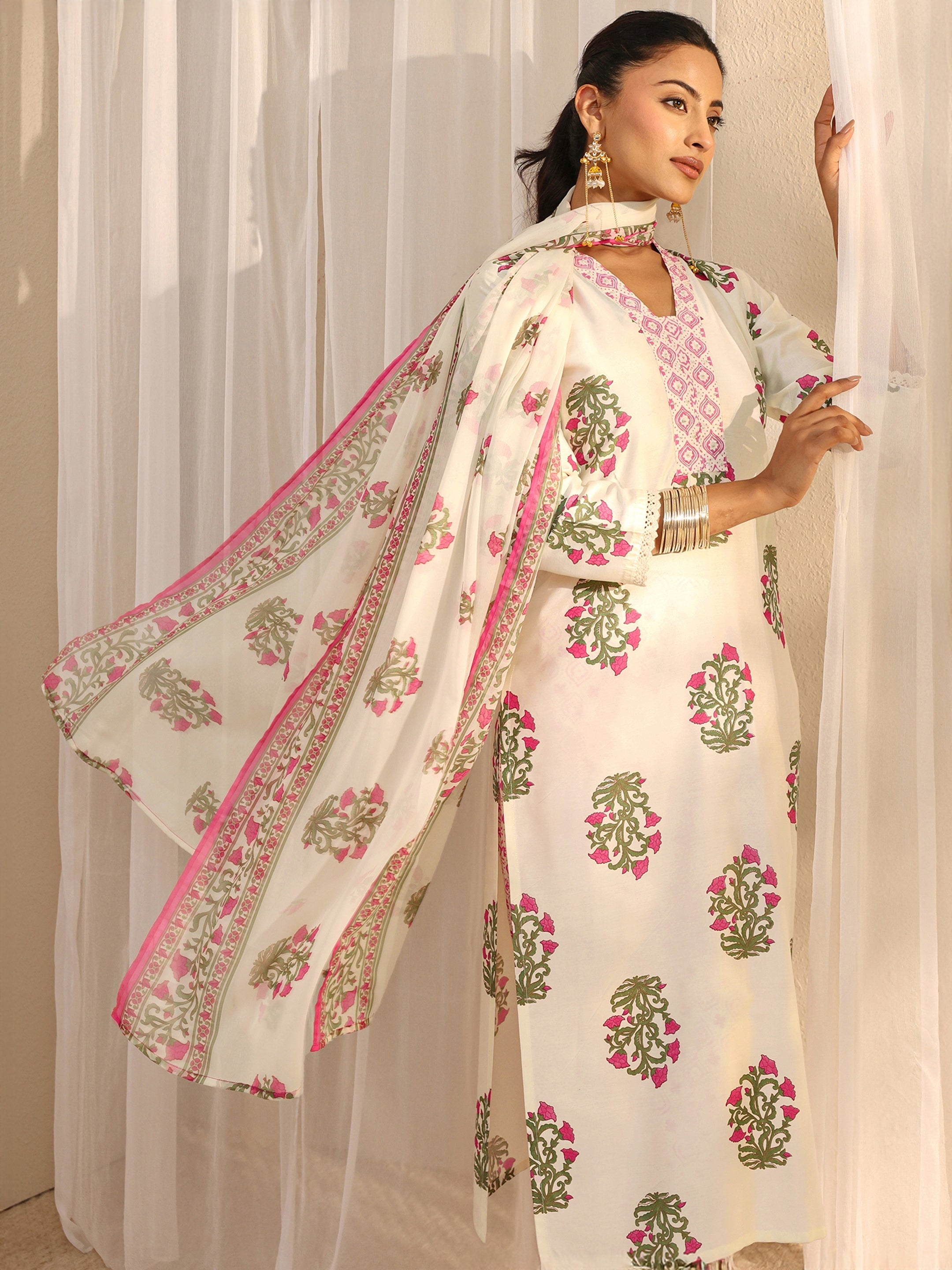 Libas Off White Floral Printed Chanderi Silk Straight Suit Set With Dupatta-picture-38