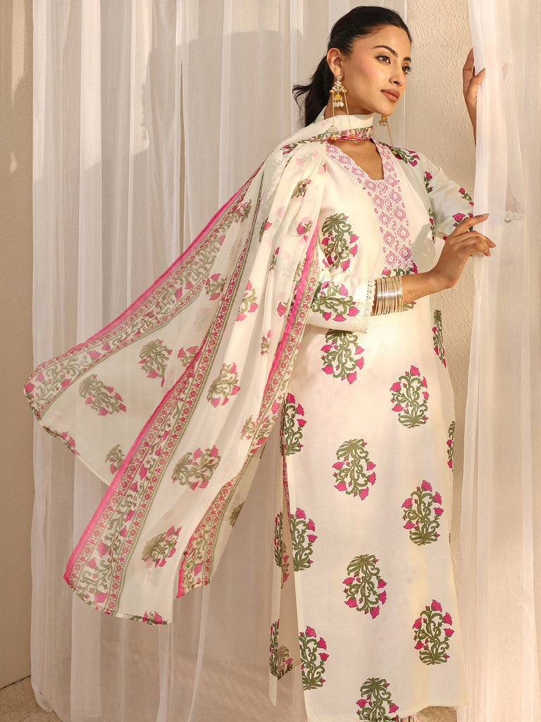 Libas Off White Floral Printed Chanderi Silk Straight Suit Set With Dupatta