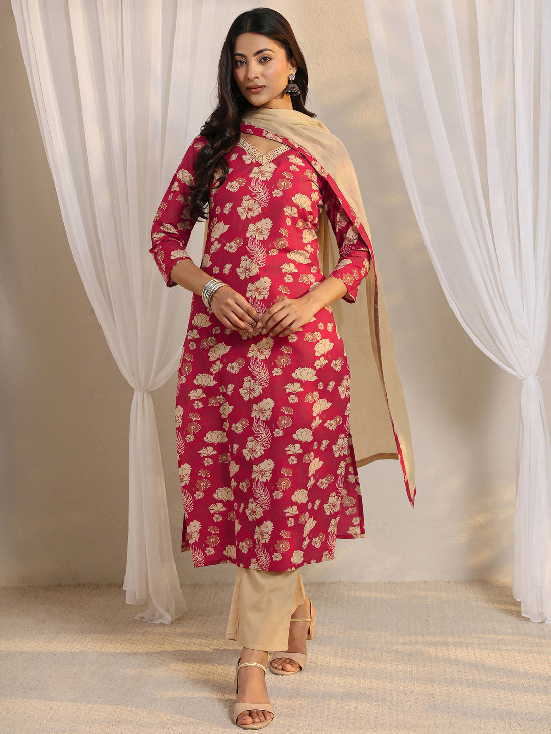  Pink Floral Printed Cotton Straight Suit Set With Dupatta 