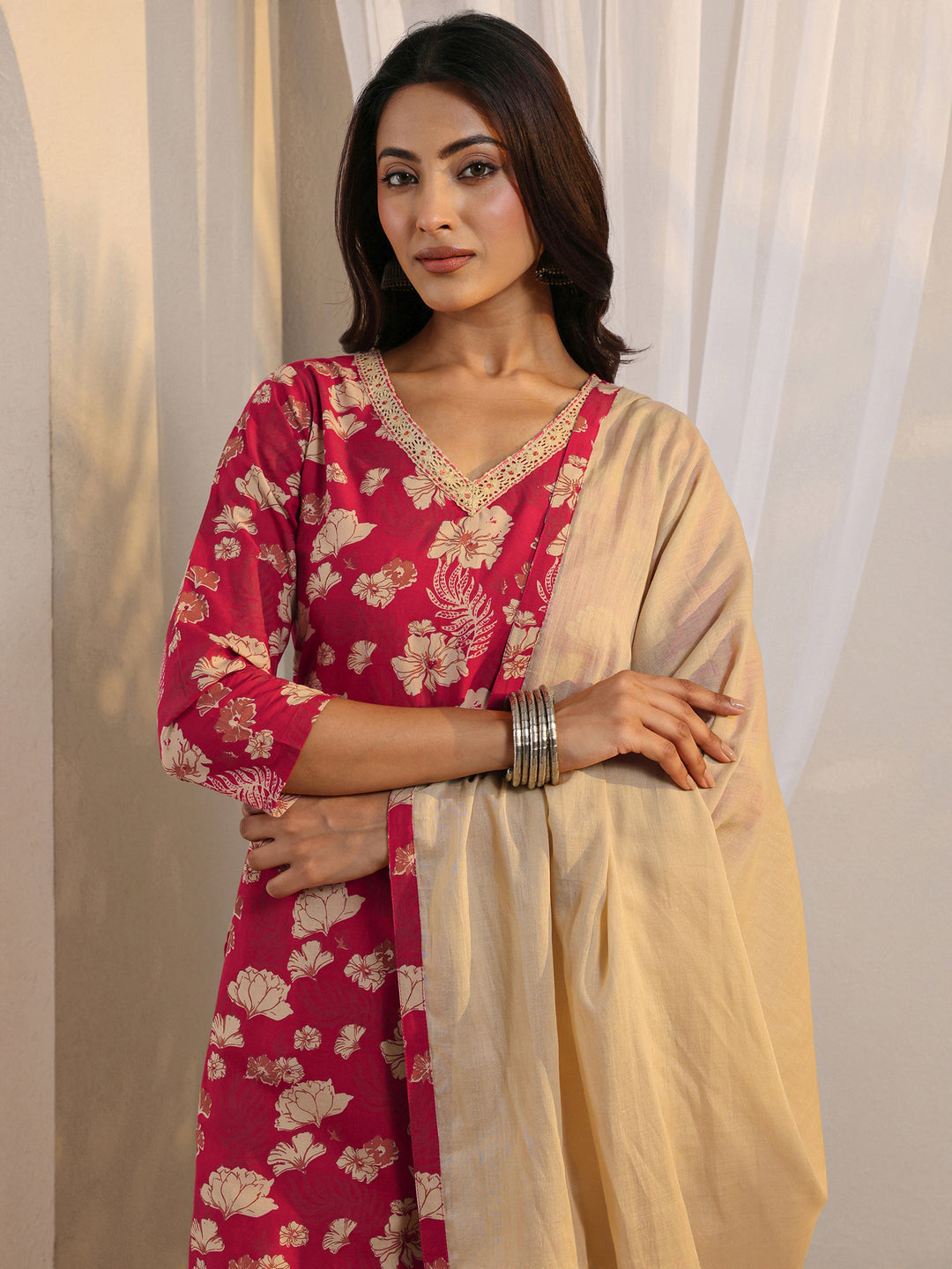  Pink Floral Printed Cotton Straight Suit Set With Dupatta 