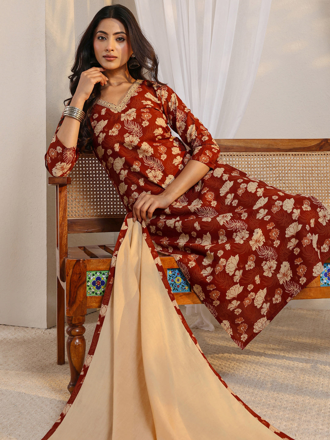 Rust Floral Printed Cotton Straight Suit Set With Dupatta