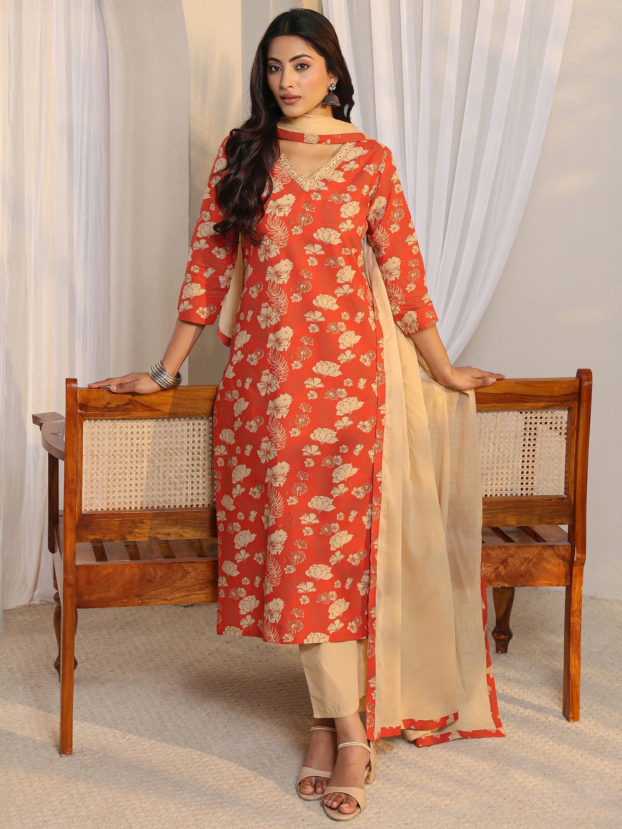 Orange Floral Printed Cotton Straight Suit Set With Dupatta-image-22