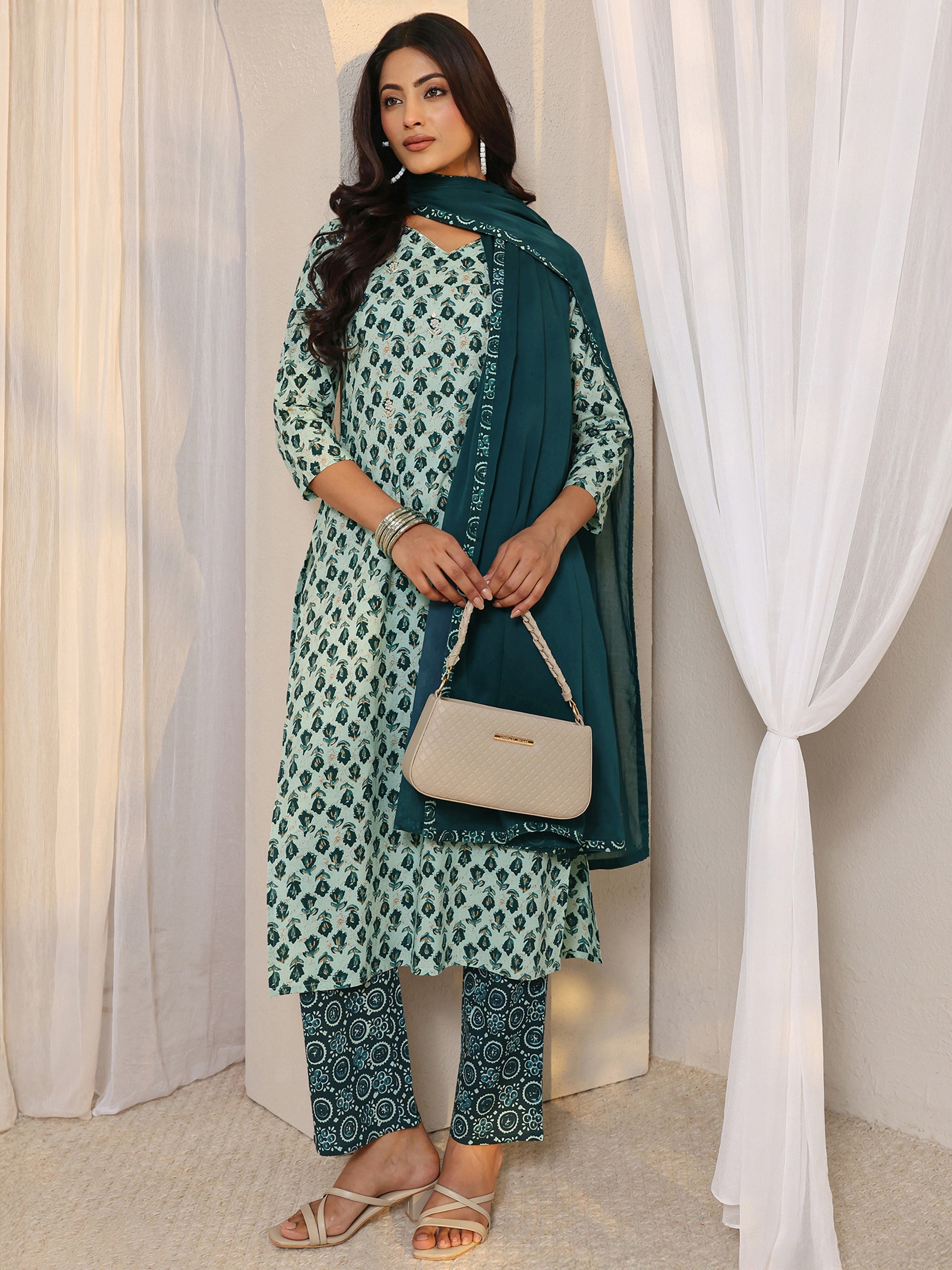 Teal Floral Printed Cotton Straight Suit Set With Dupatta-image-30